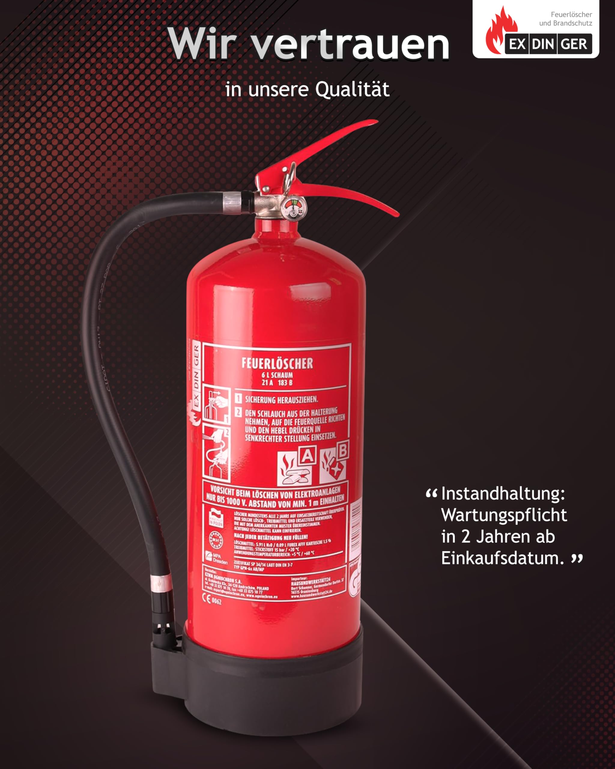 HausundWerkstatt24 6l Feuerlöscher Schaum blau 6L AB 6LE mit Halterung Dauerdrucklöscher (GPN-6X Instandhaltungsnachweis