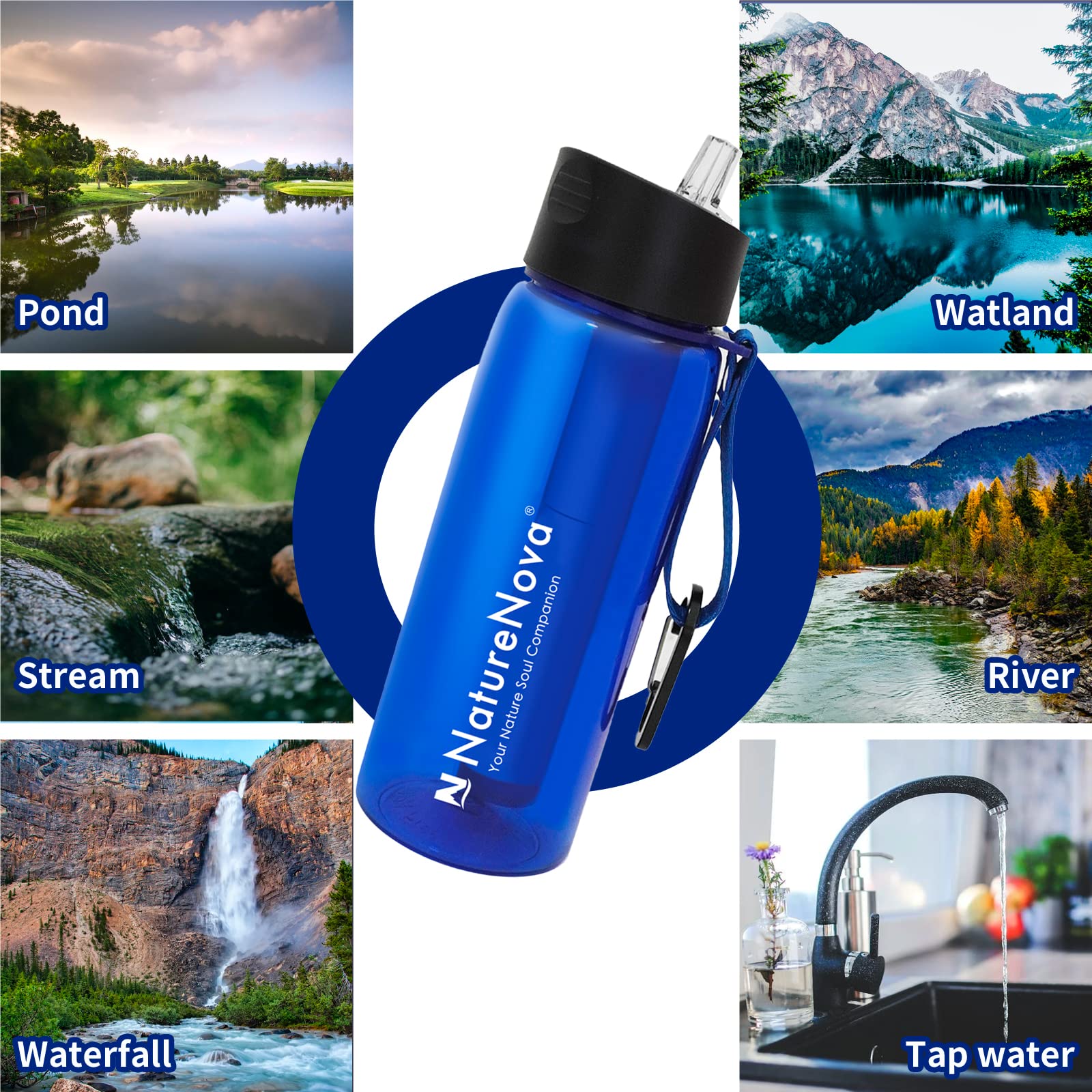 Botella de filtro de agua con filtro integrado de 4 etapas sin BPA para camping, senderismo, mochilero, emergencia y viajes, paquete de 2 unidades, negro/azul, 650 ml