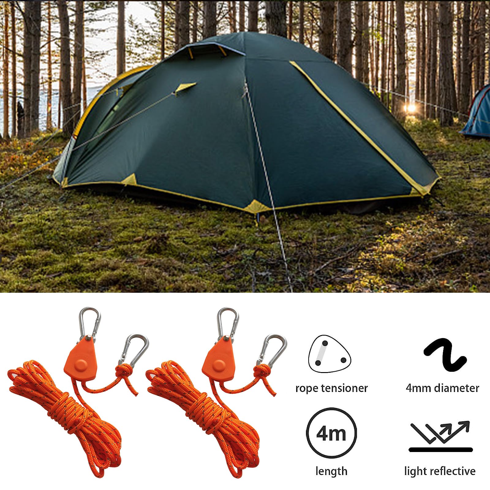 2 Pezzi Corda per Tenda Riflettente, 4 m Corda Da Campeggio Leggera, Nylon Corda di Sopravvivenza con Regolatore del Tenditore in Alluminio Tiranti Corda per Tenda da Campeggio Escursioni All'aperto