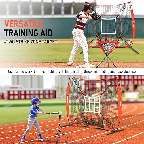 Miniatura 7 de Red de 7x7 pies de béisbol para bateo, lanzamiento y golpeo, red de sóftbol con zona de golpeo, base, carro de pelotas, equipo de entrenamiento de