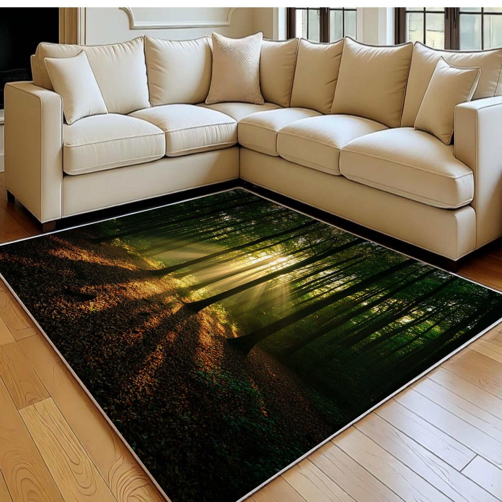Grand tapis de salon coucher du soleil vert pour chambre et entrée