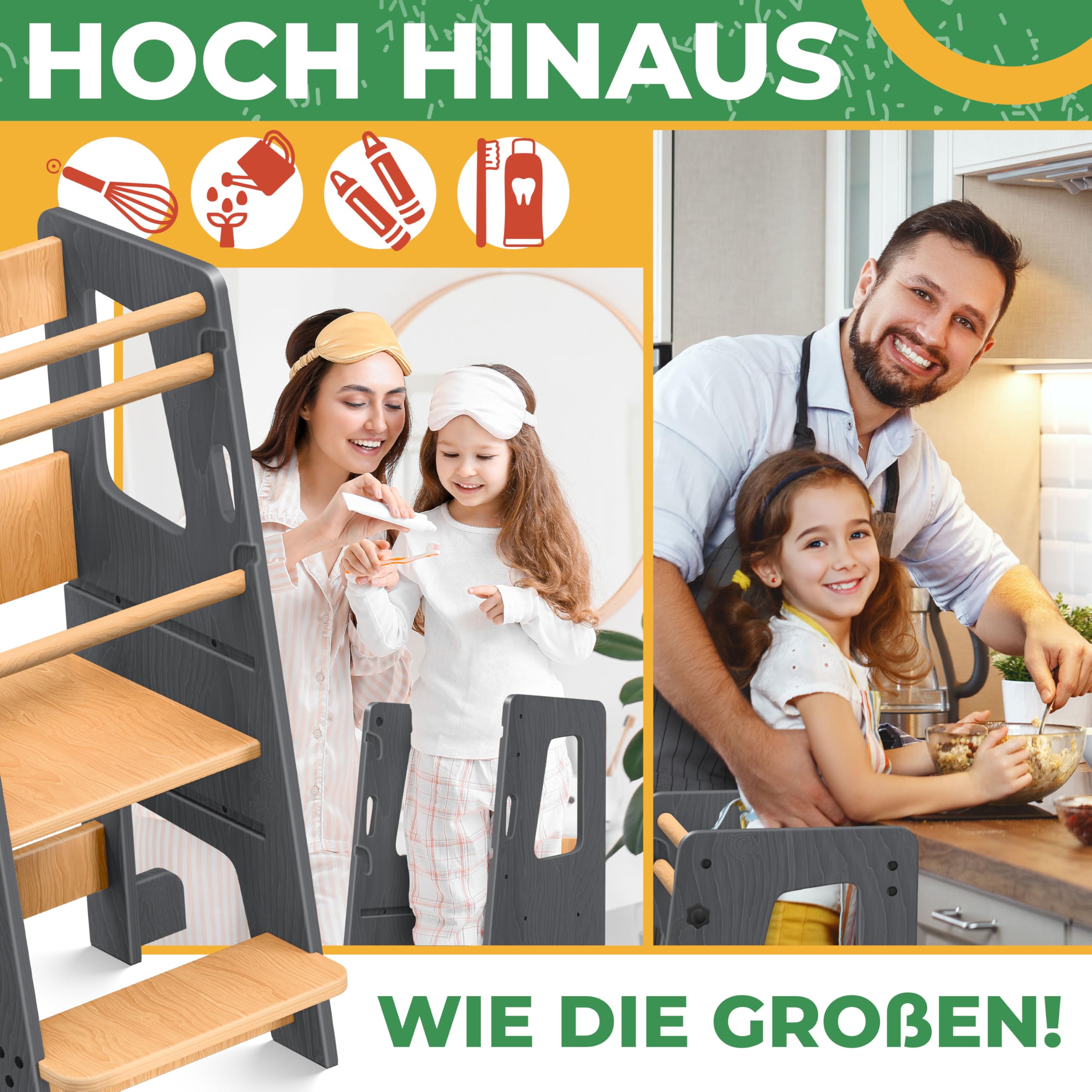 KIDIZ® Lernturm für Kinder ab 1 Jahr inkl. Lernuhr | 3-stufig Höhenverstellbarer Tritthocker aus Kiefernholz | spielerisch motorische Fähigkeiten fördern Montessori Learning Tower bis 50 kg belastbar