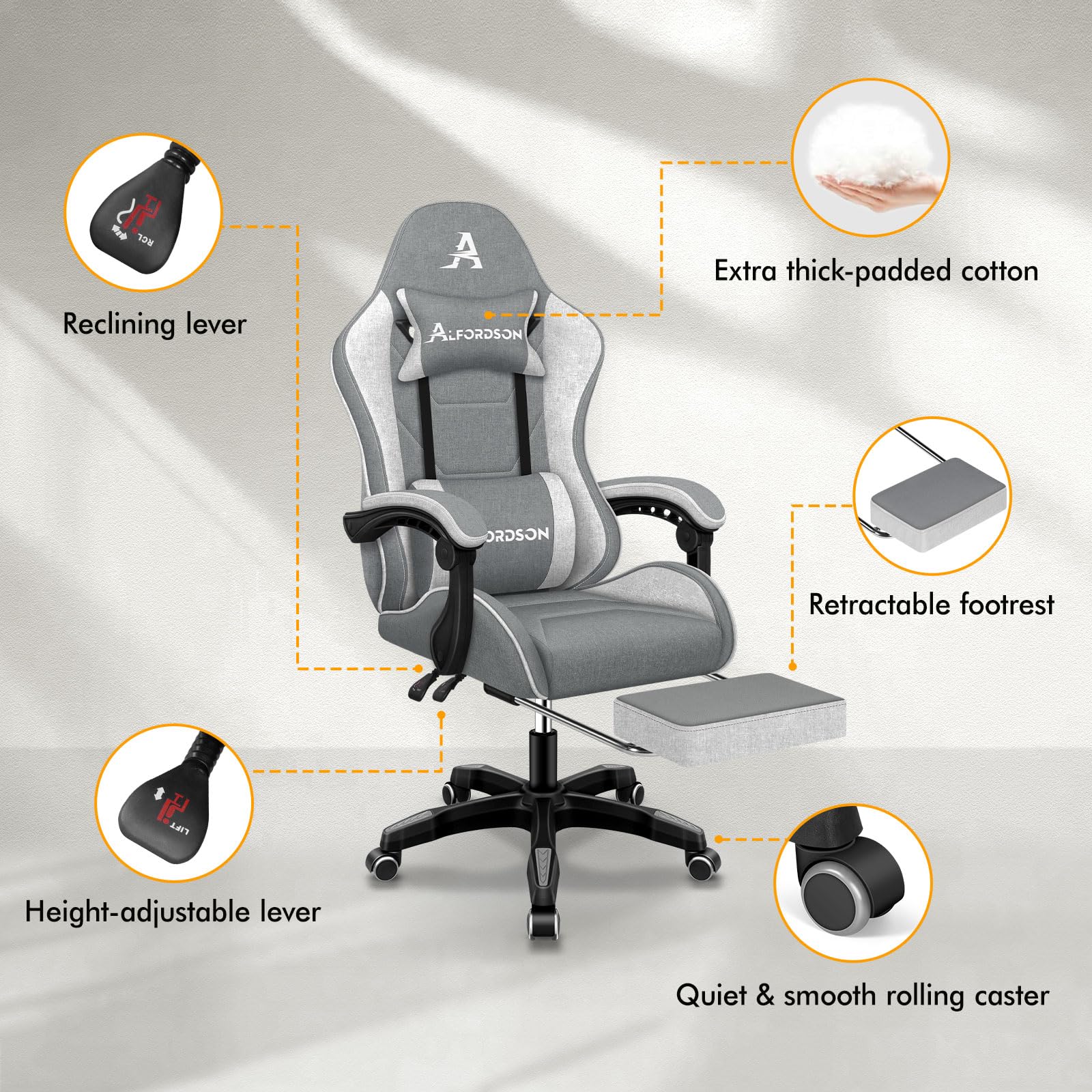 ALFORDSON Fotel gamingowy, obrotowy, do masażu, ergonomiczne krzesło dla graczy z chowanym podnóżkiem, zagłówkiem, poduszka lędźwiowa do masażu, nośność 180 kg, kolor szary