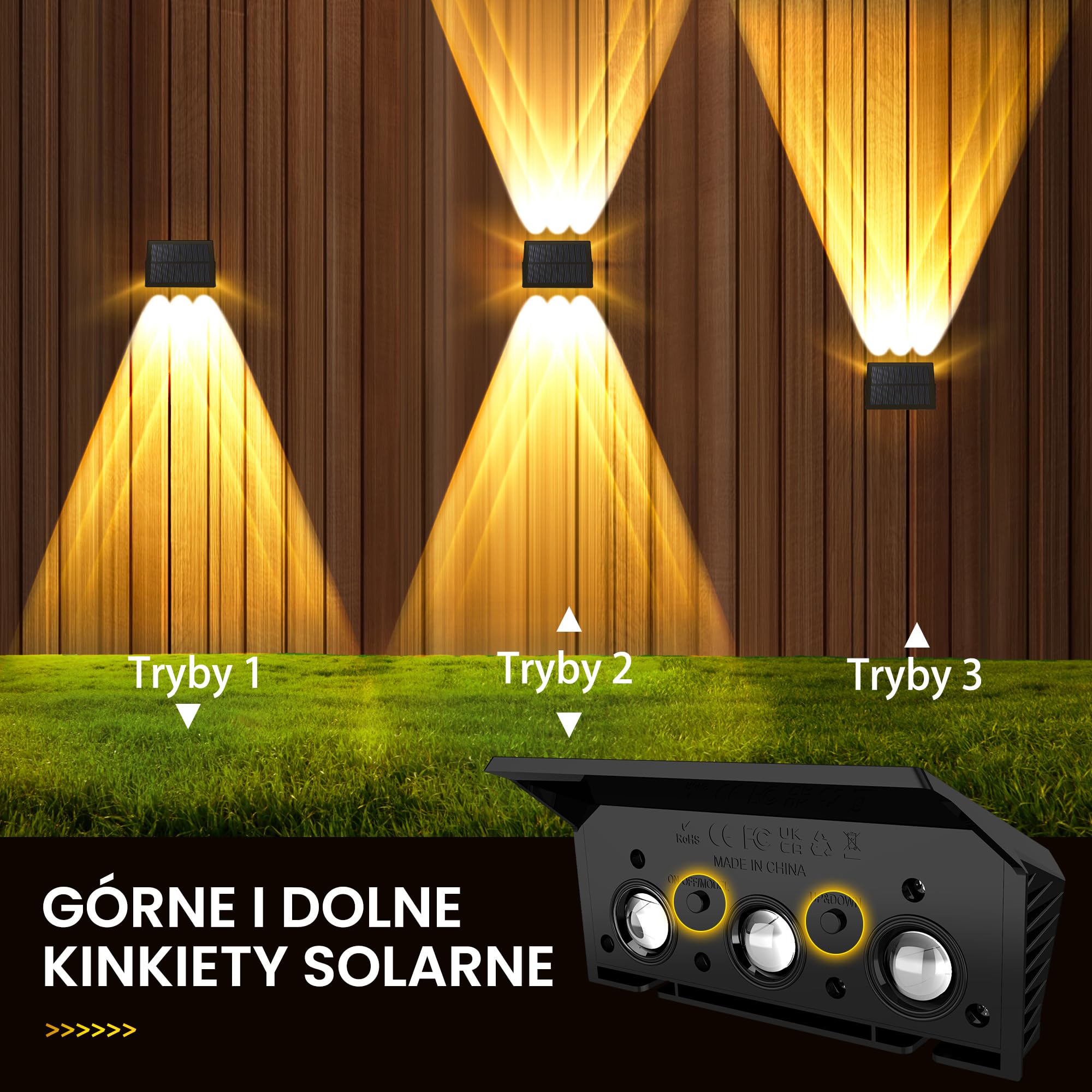 lampy solarne do użytku na zewnątrz, na ścianę, lampa zewnętrzna oświetlona od góry i dołu, 6 diod LED, IP67 wodoszczelna iluminacja ogrodowa na płot, do ogrodu, balkonu, tarasu, lampy