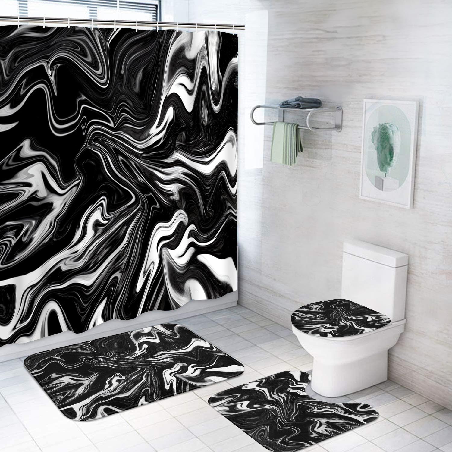 Rideau de douche marbre noir avec tapis antidérapant pour rituel bien-être