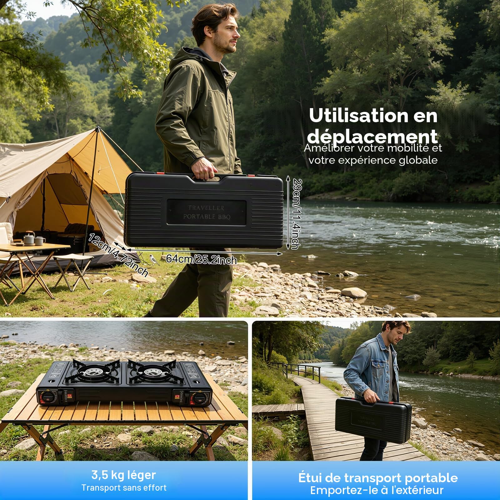 Cuisinière à gaz de camping 2 brûleurs, butane avec stockage, poêle de camping portable, allumage piézoélectrique automatique, brûleur de camping LPG pour camping-cars, appartements,