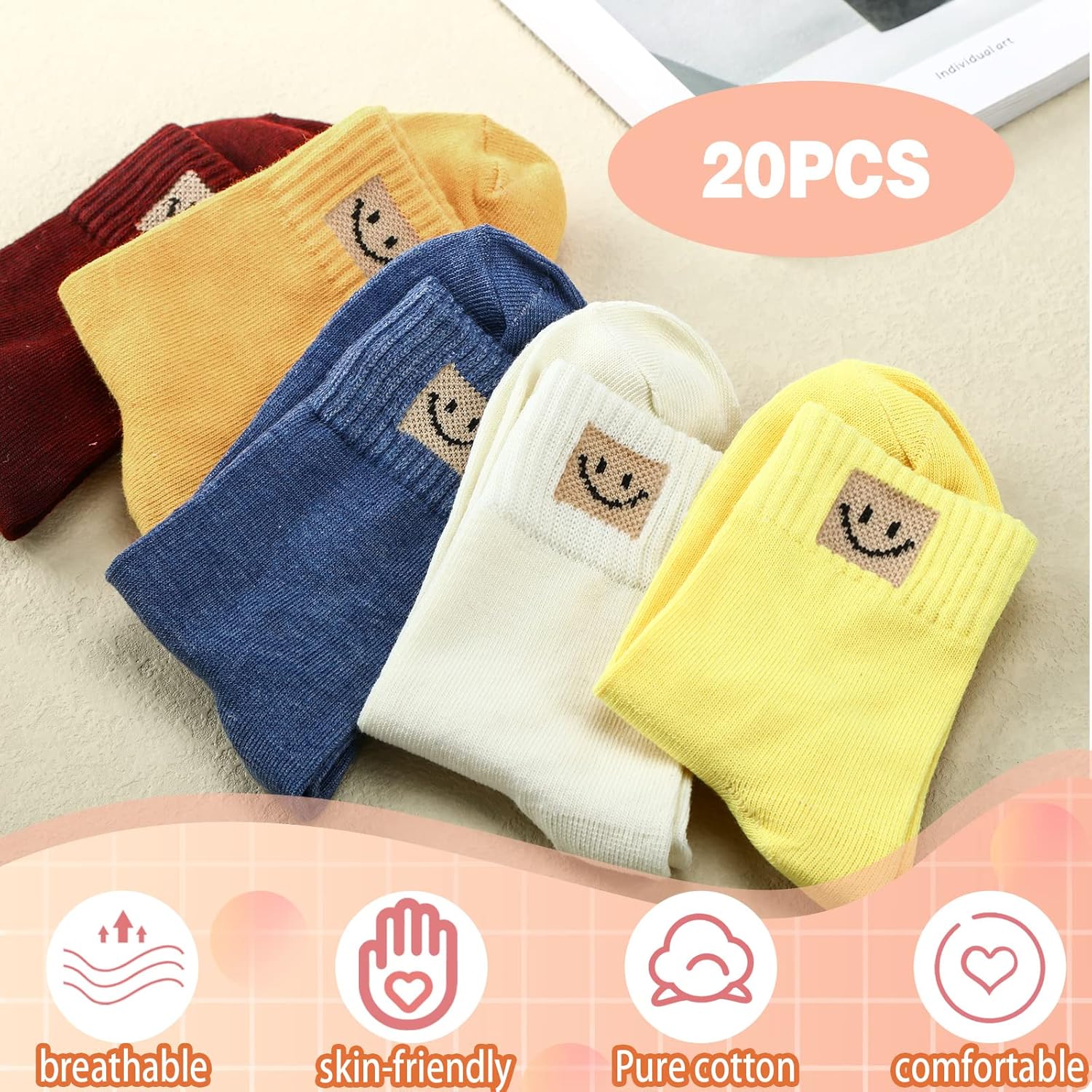 Funtery 20 Pairs Ankle Socks for Women Crew Elastic Ankle Gift Smiling Elastic Length Cotton Cute Crew Socks