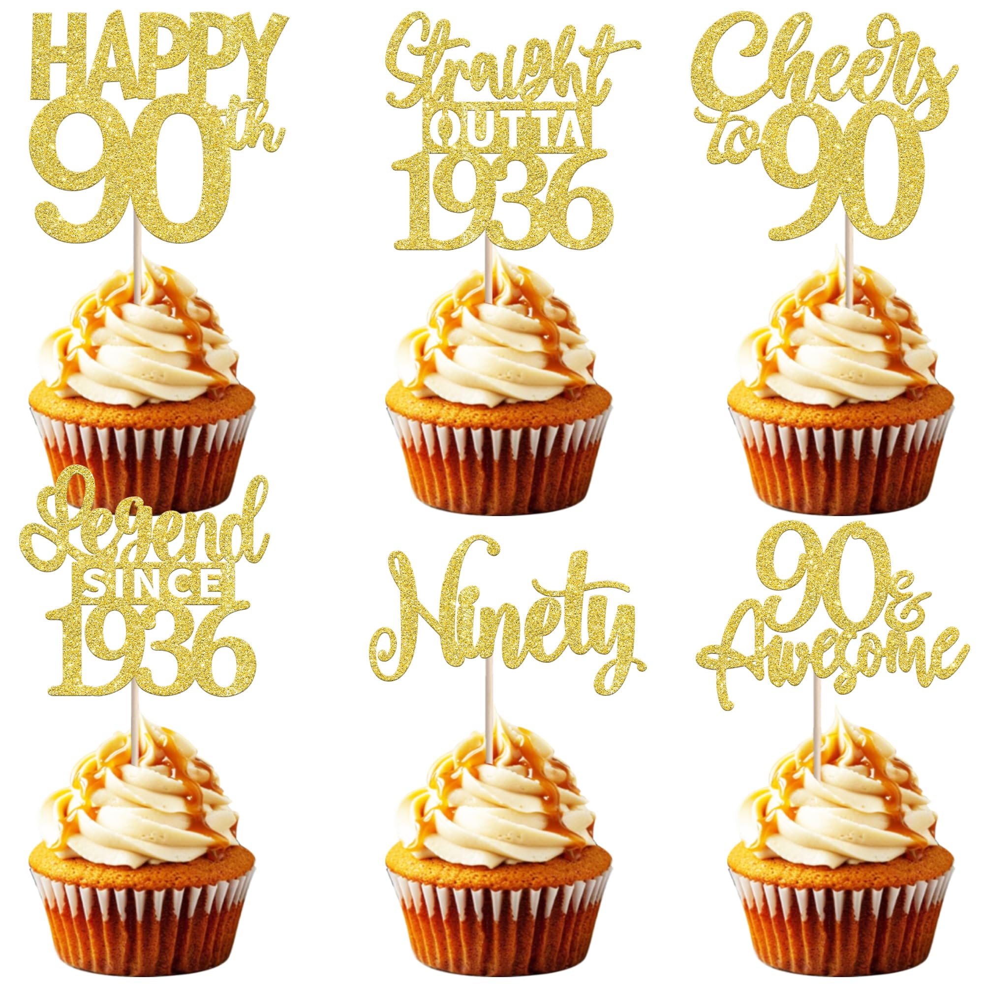 24 Stück 90th Geburtstag Cupcake Toppers Glitzer Straight Outta 1936 Kuchen Deko Happy 90th Tortendeko für Prost auf 90 Jahre Geburtstag Hochzeit Jahrestag Party Kuchen Dekoration Gold