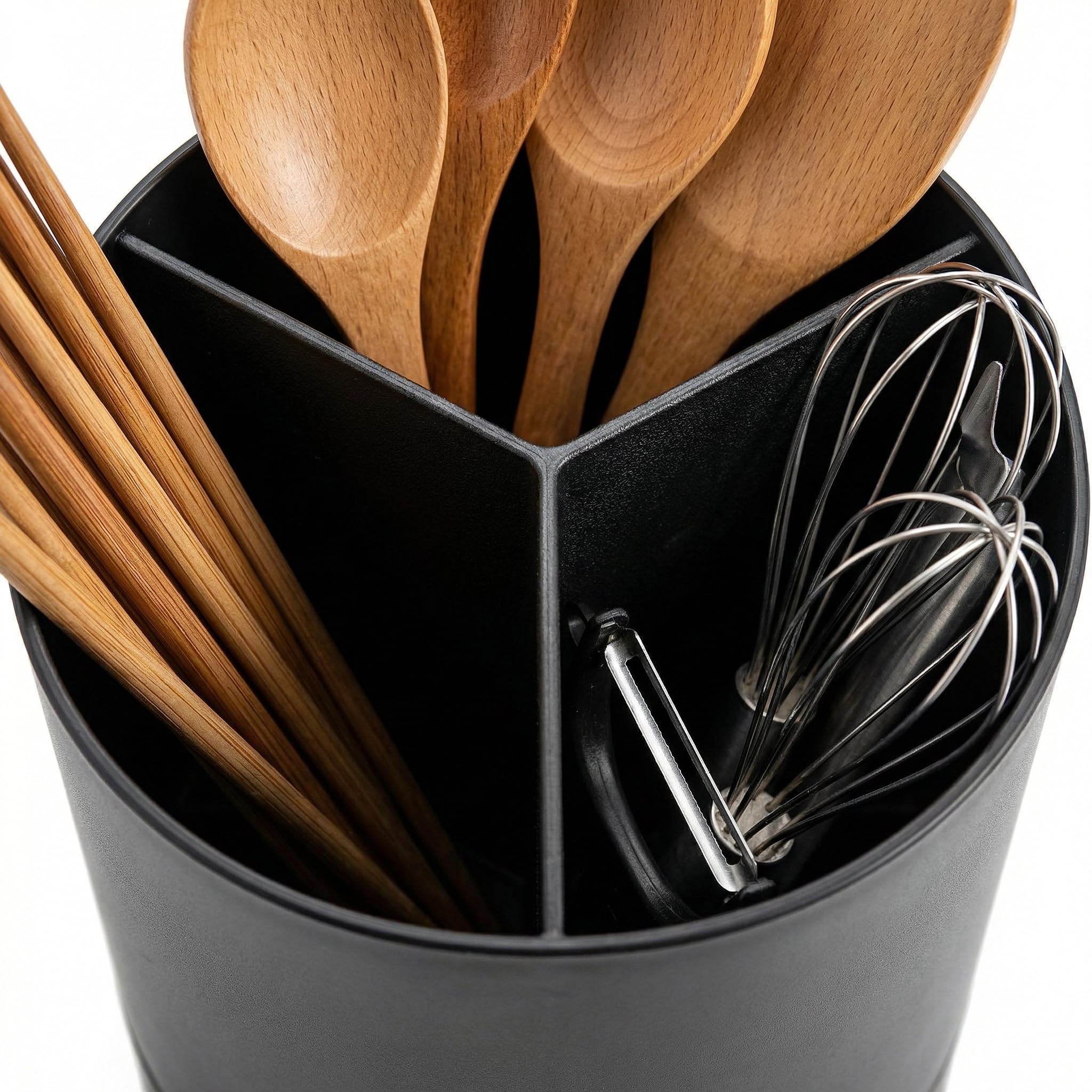 Portautensili da Cucina Moderno, Organizer per Utensili da Cucina 16.5 * 14.5cm, Portautensili Girevole a 360°, Contenitore per Utensili Nero con Base Antiscivolo, Organizzatore per Spatole