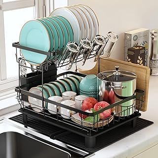 MAJALiS Dish Drying Rack, 2 Tier Dish Drainer Rack with Drip Tray and Drainer Mat, Stainless Steel Dish Rack with Utensil Holder, Swivel Spout, Draining Board for Kitchen Counter, Black