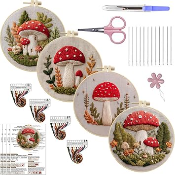 SCECALA 4 Pack Red Mushroom Embroidery Kit for Beginners - Plant Beginner Embroidery Kit for Adults with Embroidery Pattern, Hoop, Complete Supplies DIY Craft for Adults Sewing Hobby, 1pc Hoops