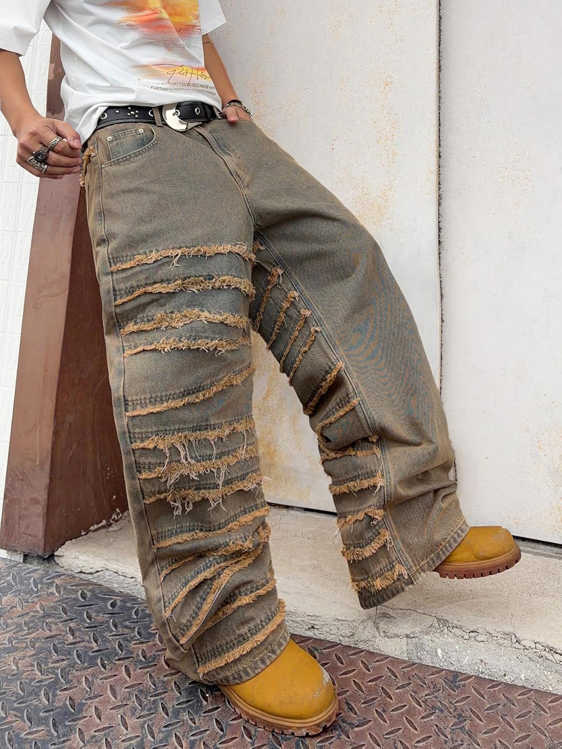 DFGIGT Mens Baggy Jeans Street Rock Style Fringe Frayed Edges Jeans Patchwork Wide Leg Skater Denim Pant