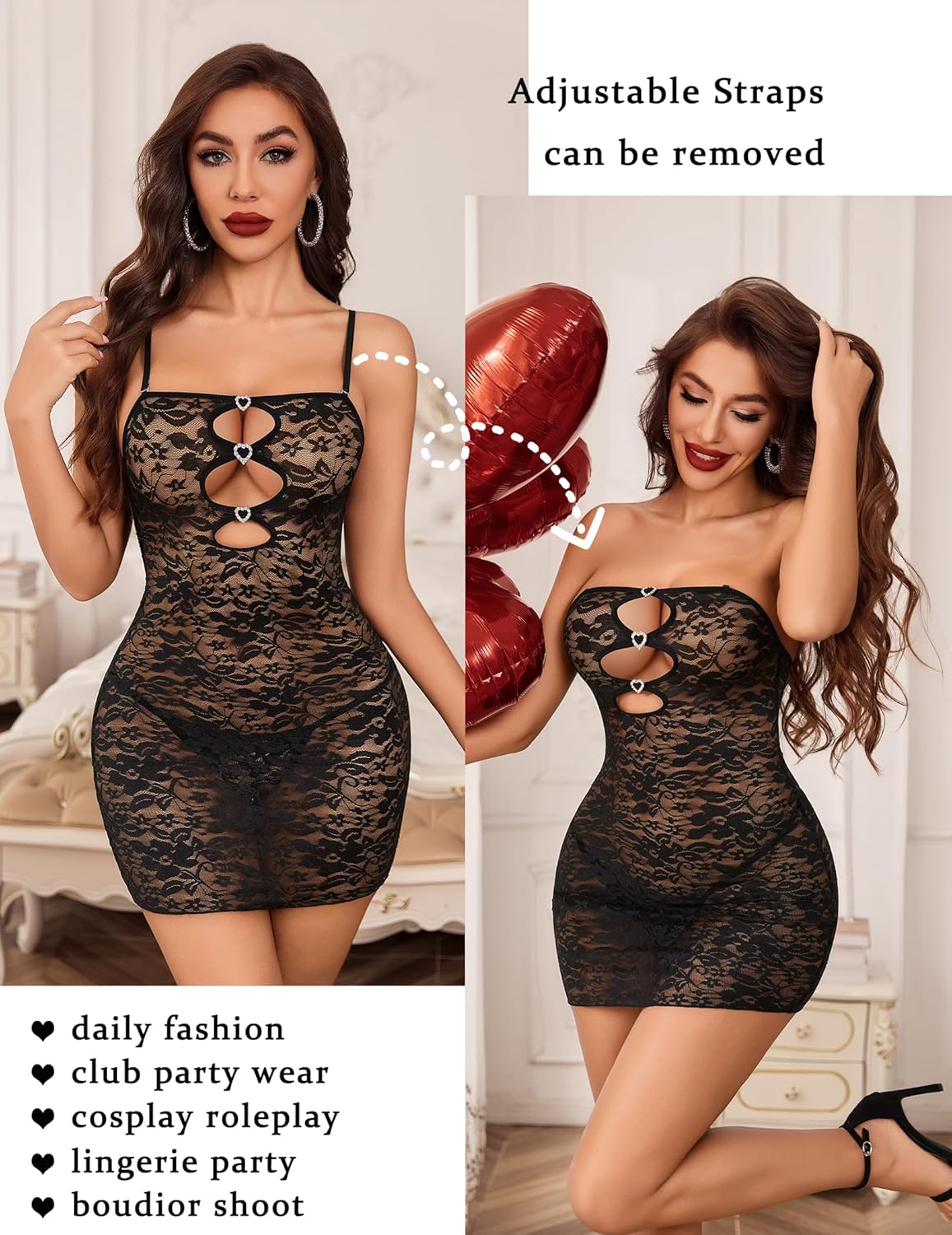 Avidlove Women Lace Lingerie Dress Cutout Bodycon Chemise Removable Adjustable Strap Exotic Boudoir Outfits - Image 2