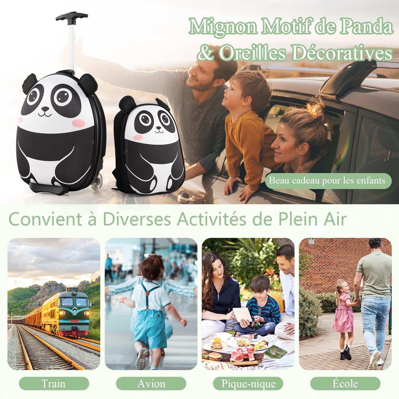 SOARS Valise Enfant 16" + Sac à Dos 12", Valise Cabine Enfant à roulettes avec Poignée Télescopique à 3 Niveaux, Matériau Robuste Léger de 1,5 KG, Valise Enfant Fille &Garçon 3+ Ans, Panda