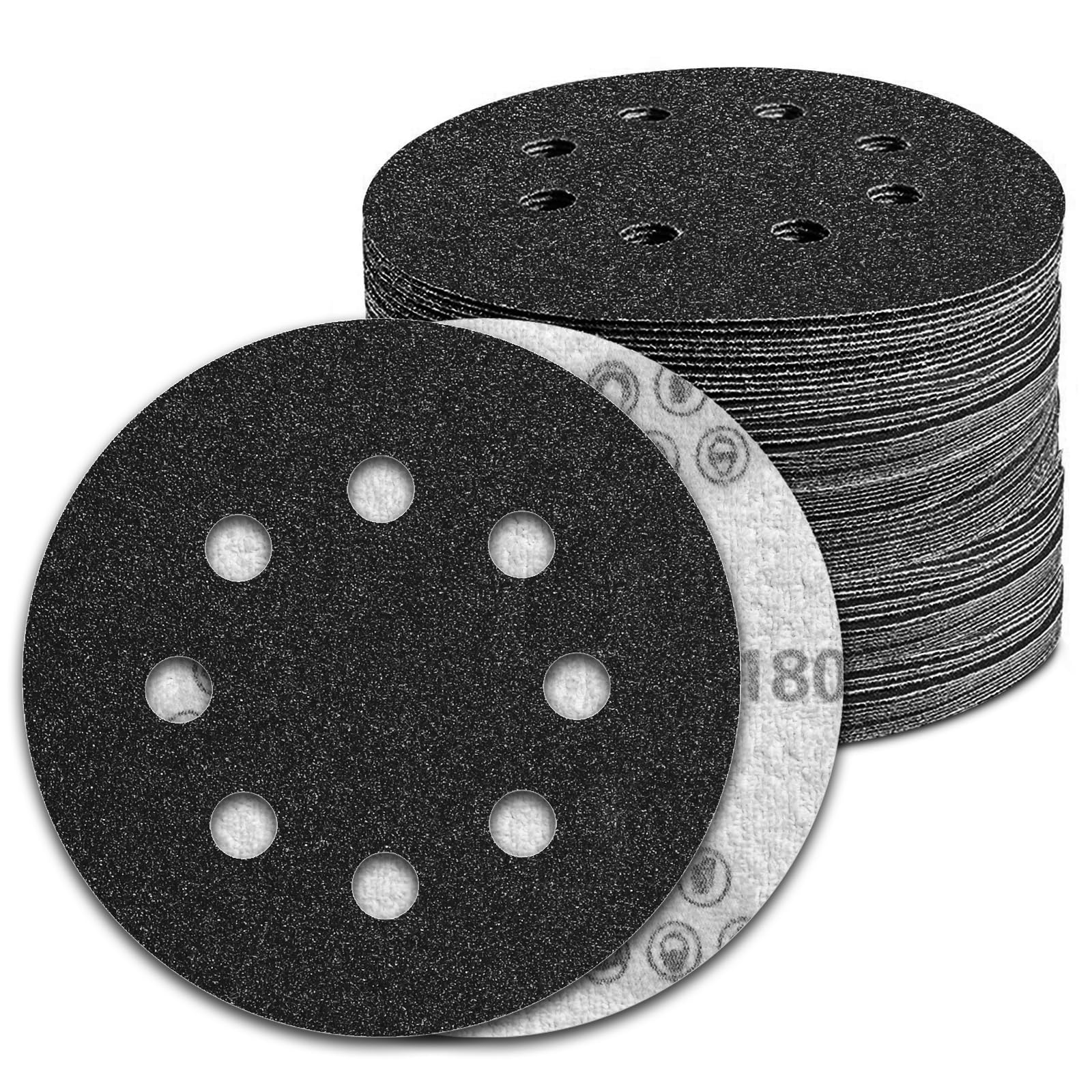 KONGMING 100 PCS 125mm Wet Dry Sanding Discs 8 Hole Grit 180 Hook and Loop Silicon Carbide Sandpaper for Random Orbital Sander