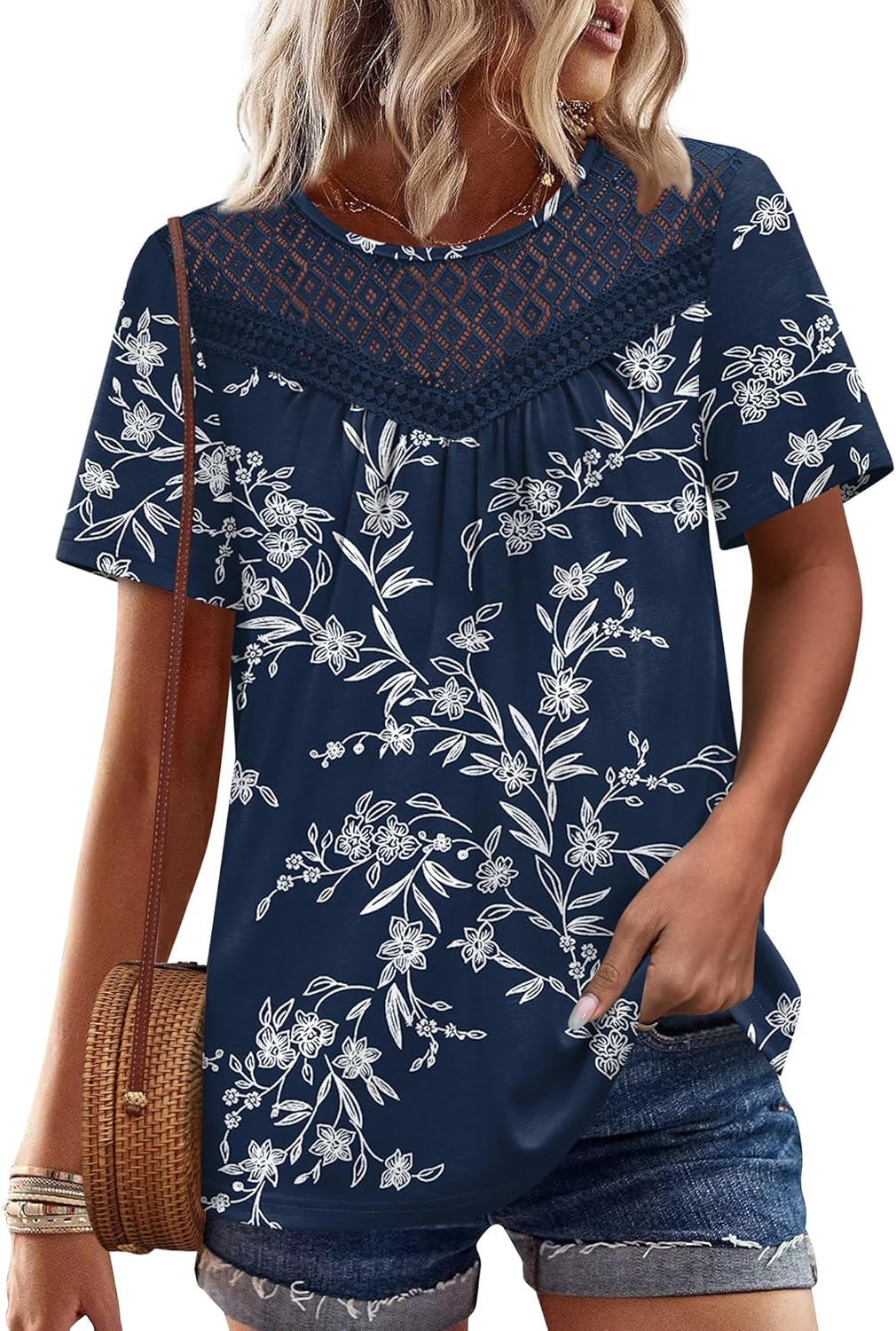 WIHOLL Womens Tops Short Sleeve Lace Shirts Summer Spring Tops Boho Trendy Beach Vacation Clothes Loose Fit - Image 2