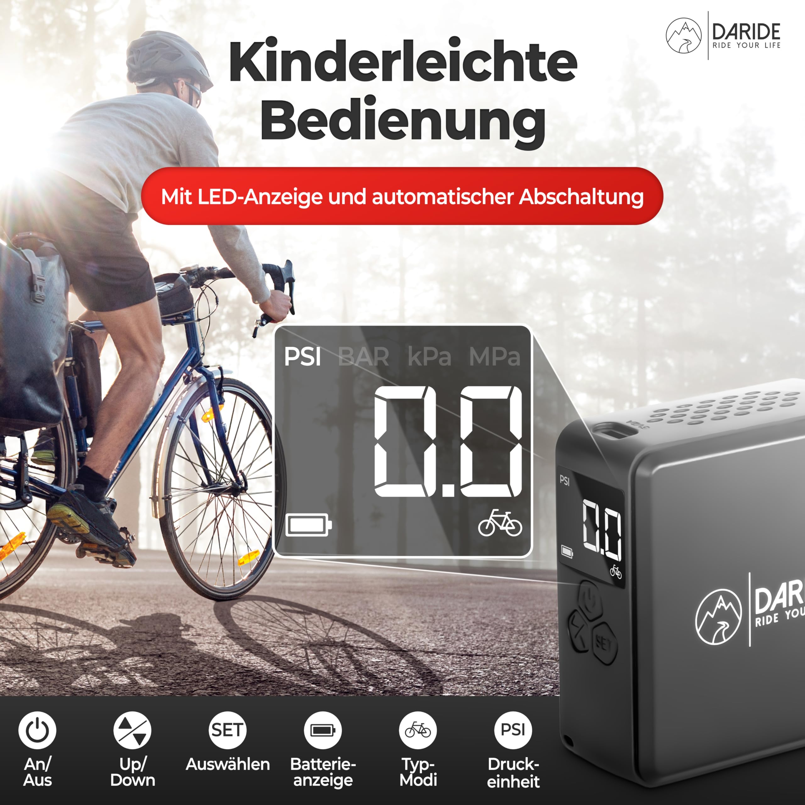 Mini Elektrische Fahrradpumpe - Kleine Akku Luftpumpe & Kompressor für Fahrrad, Auto, Motorrad, Bälle, Tubeless | [10,3 Bar] | Tragbarer Minipumpe & Reifendruckprüfer mit LED-Bildschirm