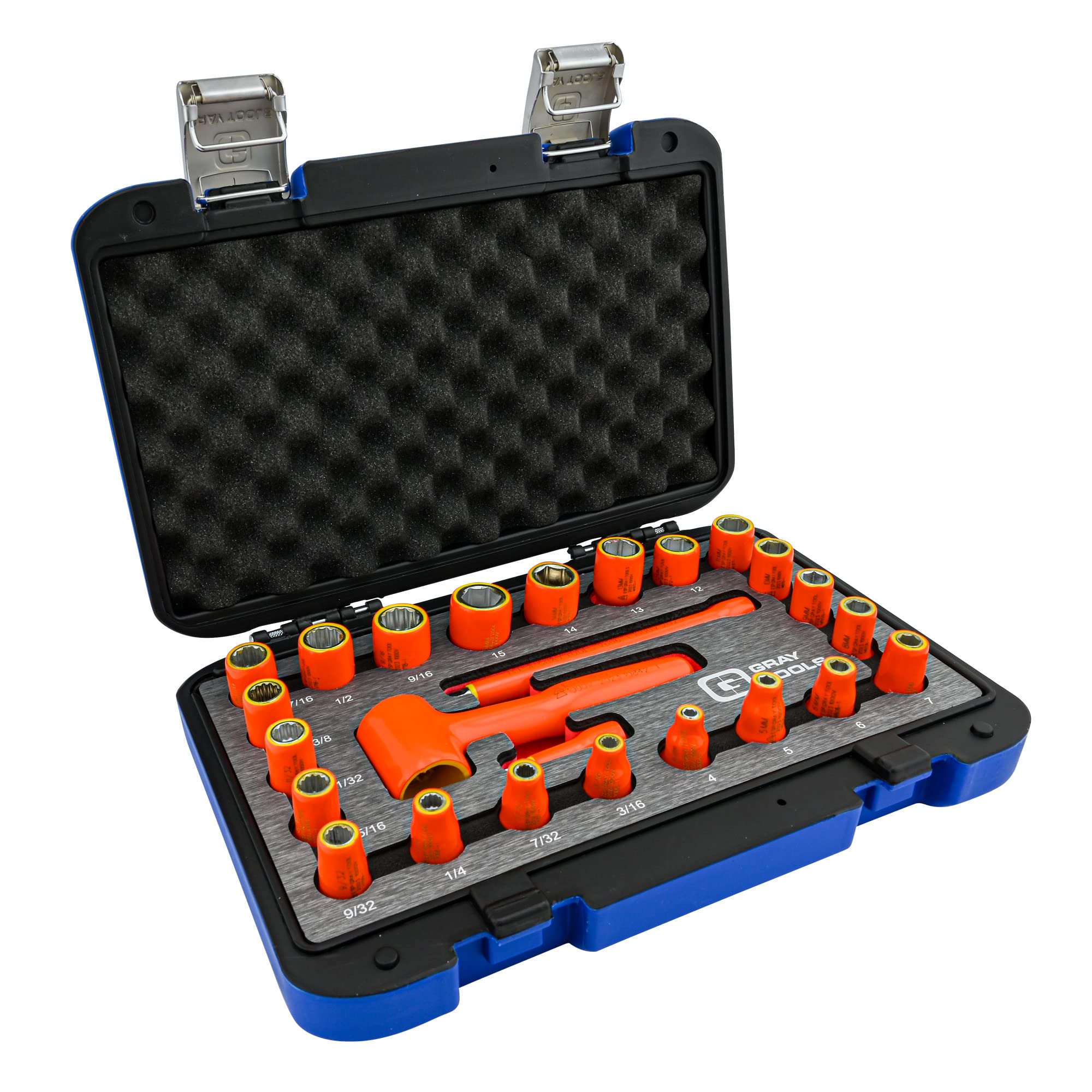 25 Piece, 1/4" Drive Insulated Socket and Attachment Set, Made in USA, SAE & Metric in Dual-Color Foam Organizer, Storage Case, 1000 V Electrical