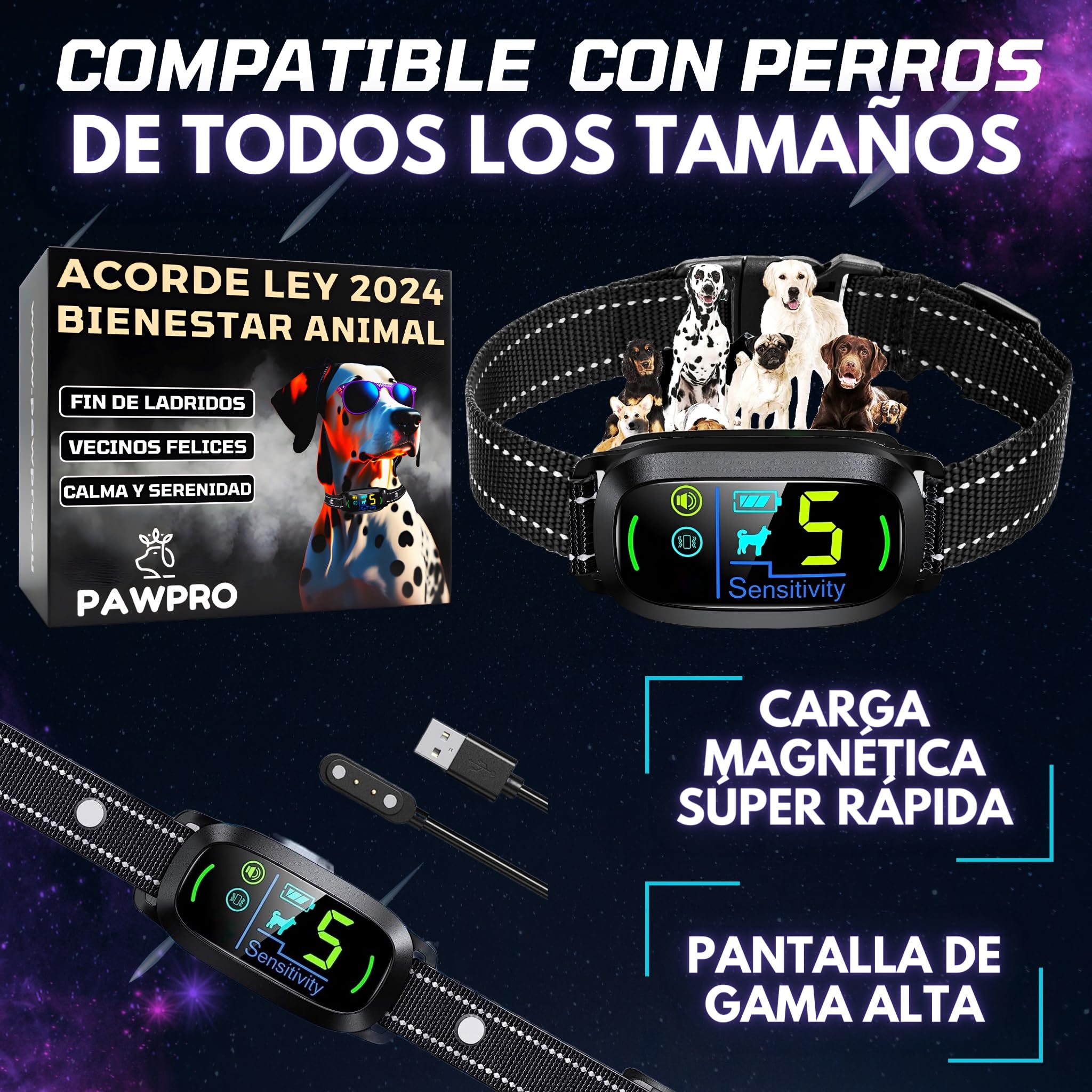 PAWPRO Collar Antiladridos para Perros | Cumple Nueva Ley Bienestar Animal 2024 | Inteligencia Artificial, Detección de ladridos, Pantalla Color | 3 Modos Beep, Vibración, Beep+Vibración | Manual ESP
