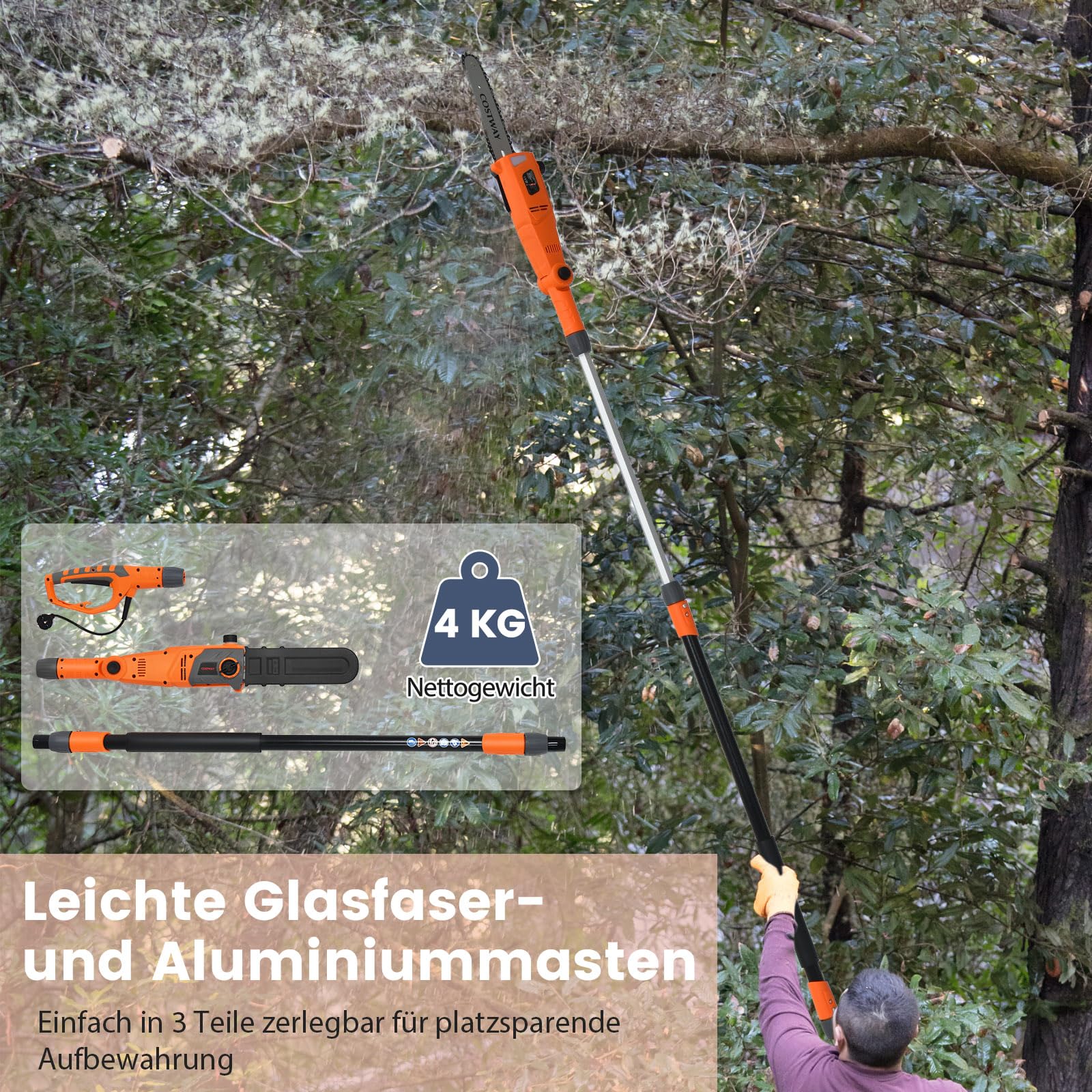 SOARS Hochentaster elektrisch 750W, Teleskop Astsäge mit 20 cm Schwertlänge, 60° Neigung Motorkopf, Kettensäge bis ca 4 m Arbeitshöhe, 11m/s Schnittgeschwindigkeit