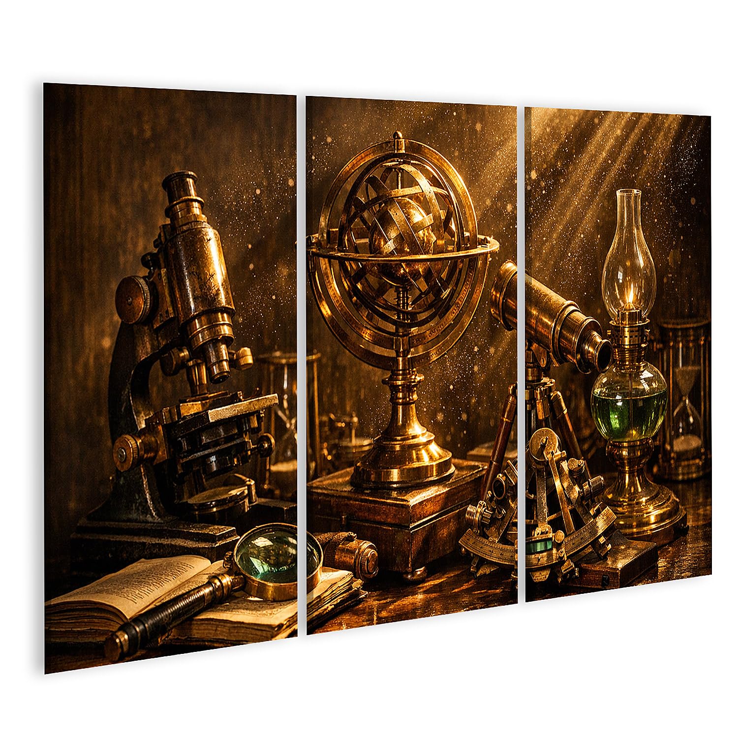 islandburner Tableau sur toile Motif nature morte antique avec instruments scientifiques et globes – 3 pièces