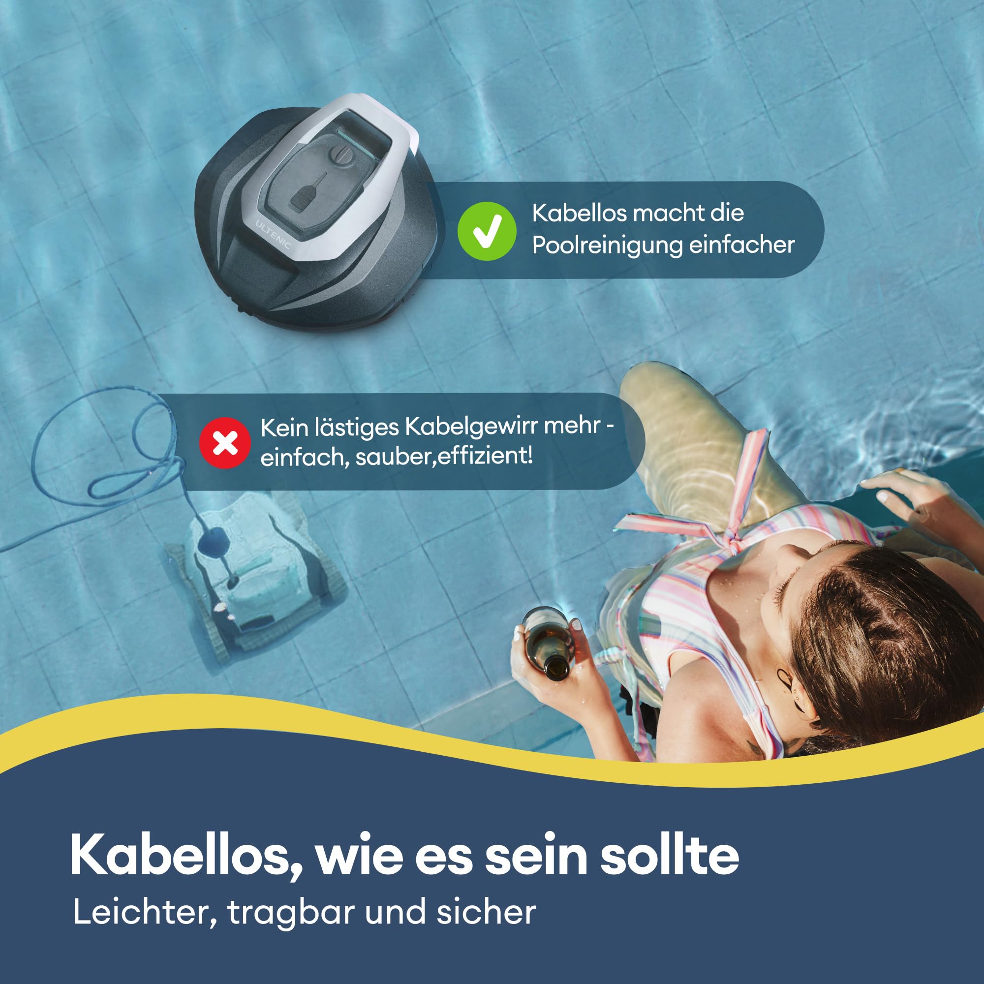 Ultenic Pooleco 10s Poolroboter, Poolroboter Akku mit 3 Motoren, 90Min, 80㎡, Fernbedienung und App-Steuerung, Automatisches Parken, Geeignet für alle Arten von Schwimmbadoberflächen
