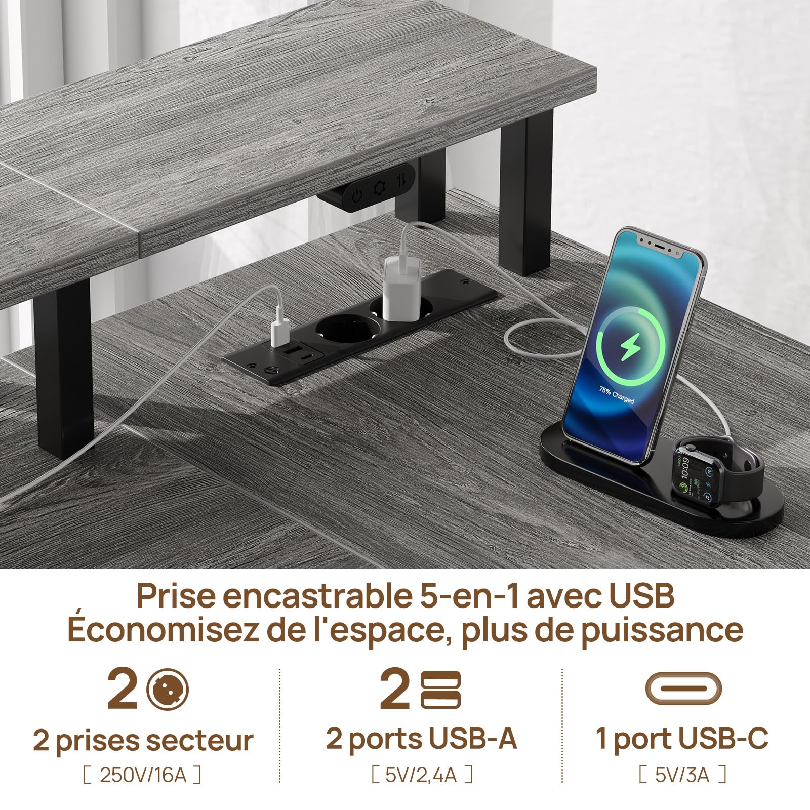 Seventable Bureau d'ordinateur en Forme de L avec Ports USB (Gris)