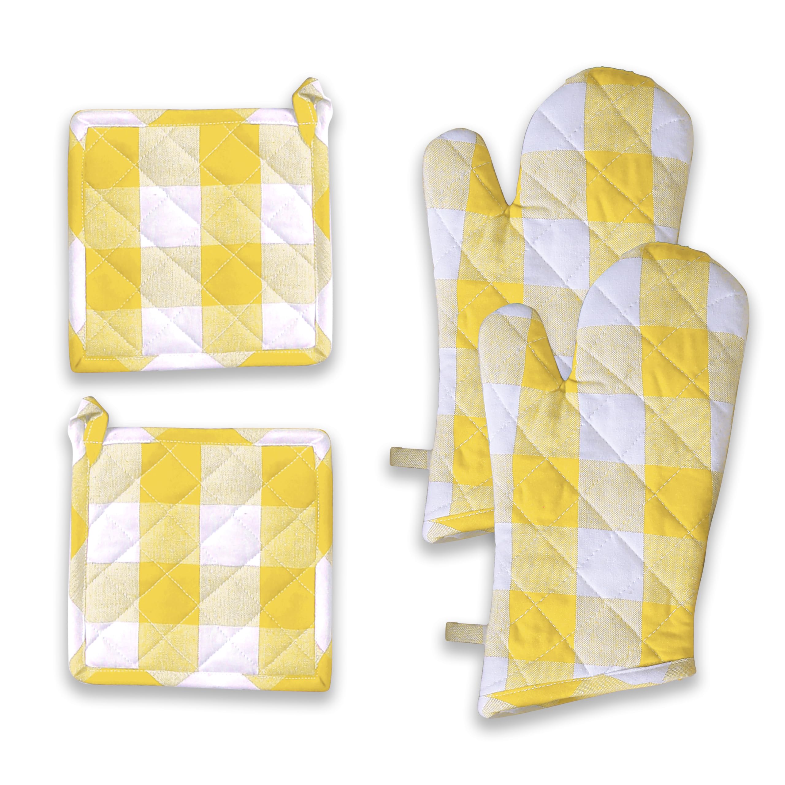 Buffalo - Juego de guantes de horno y soportes para ollas, 100% algodón, resistentes al calor, 2 guantes de horno de 7 x 13 pulgadas y 2 almohadillas calientes de 8 x 8 pulgadas para