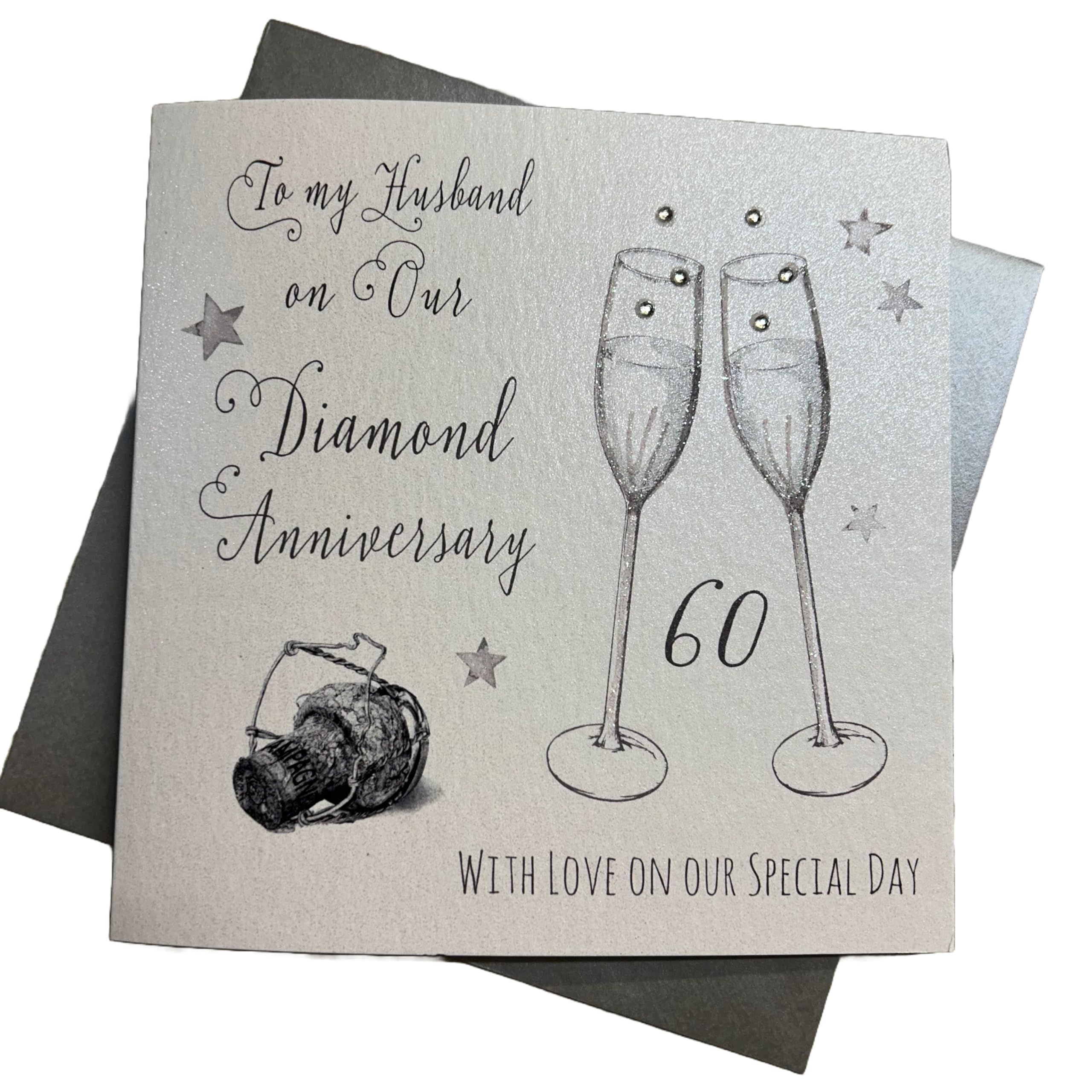 WHITE COTTON CARDS To My Husband On Our Diamond, Handmade 60th Anniversary Card (Code WA60H),16cm x 16cm