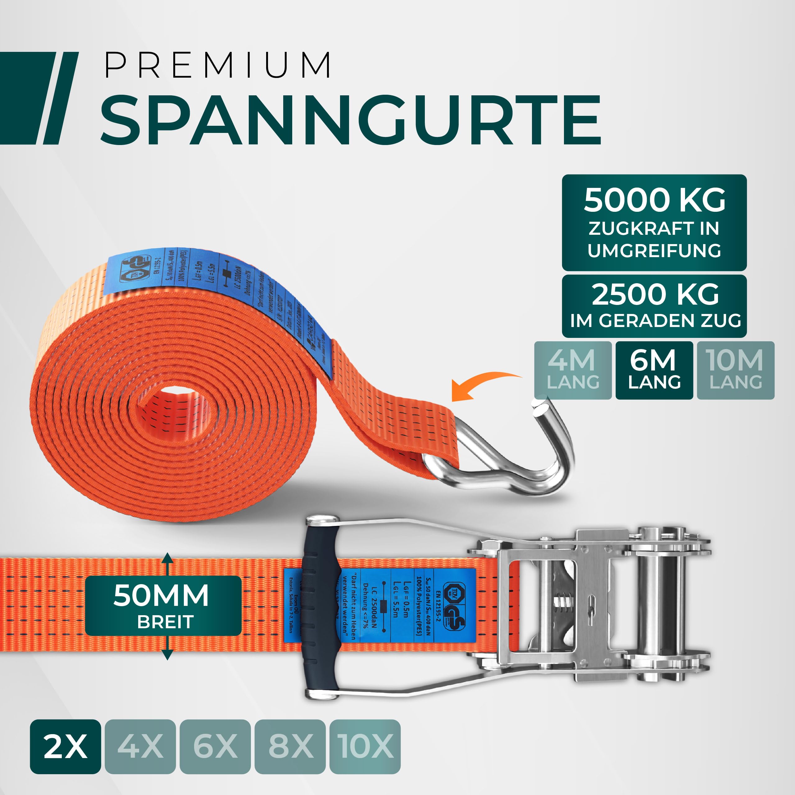 Schwerlast 5000kg Ratschengurte 6m - TÜV/GS & DIN Geprüft - Spanngurte mit Ratsche und Haken - QR Label Anleitung - Sicher & Robust [2er Set]