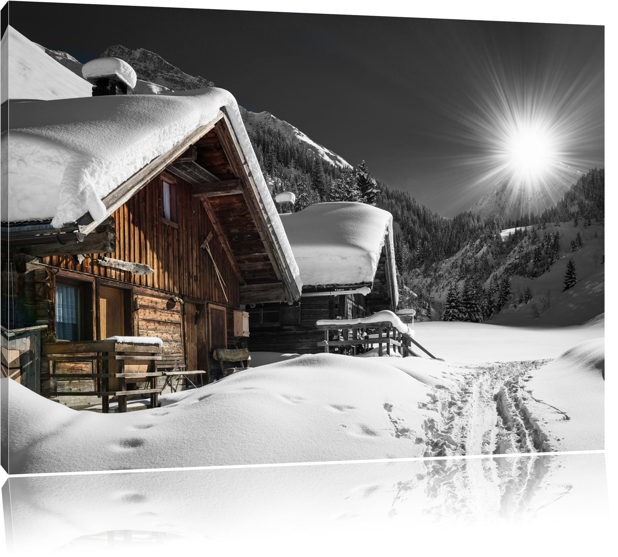 belle neige Alpes huttes noir / blanc Taille: 120x80 sur toile, énorme XXL Photos complètement encadrée avec civière, art impression sur murale avec cadre, moins cher que la peinture ou la peinture à l'huile, aucune affiche ou un poster