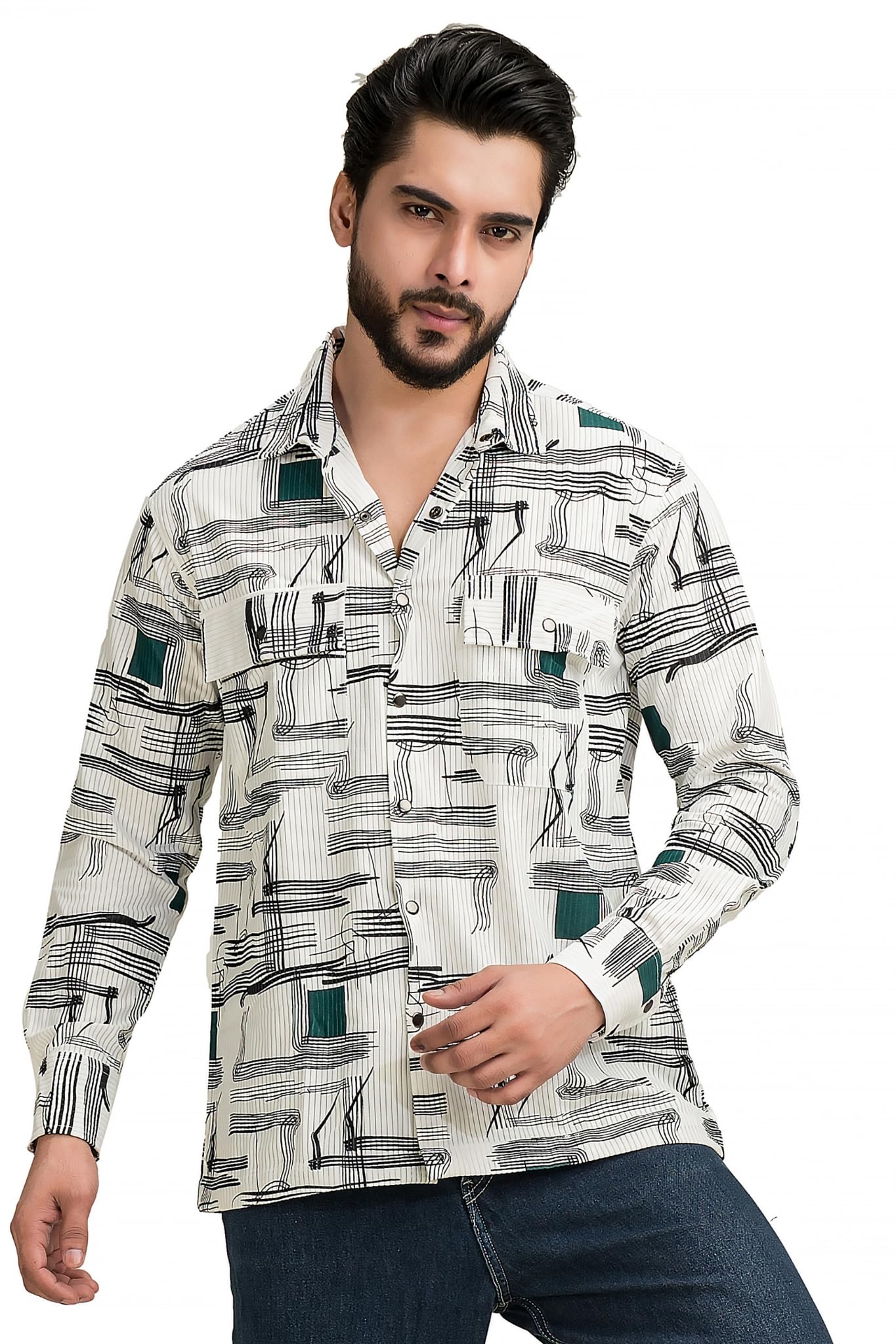 Souped Up Fashion Printed Corduroy Full Sleeves Shirt/Shacket | Structured Fabric | | Collared Neck | Front Pockets | Stylish Men Shirts | Urban Quill
