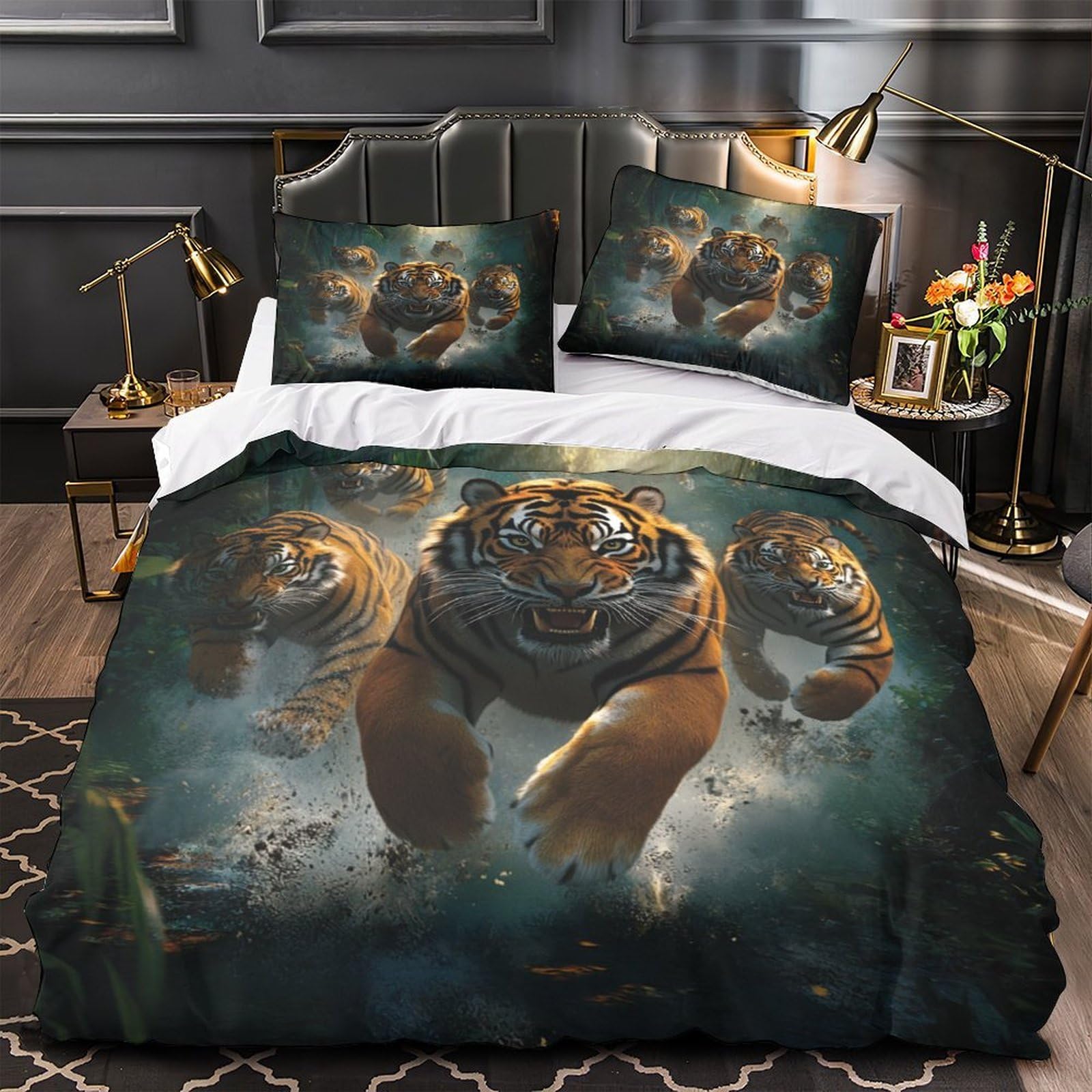 Housse de couette tigre 140x200 parure de lit 3D microfibre hypoallergique lit simple