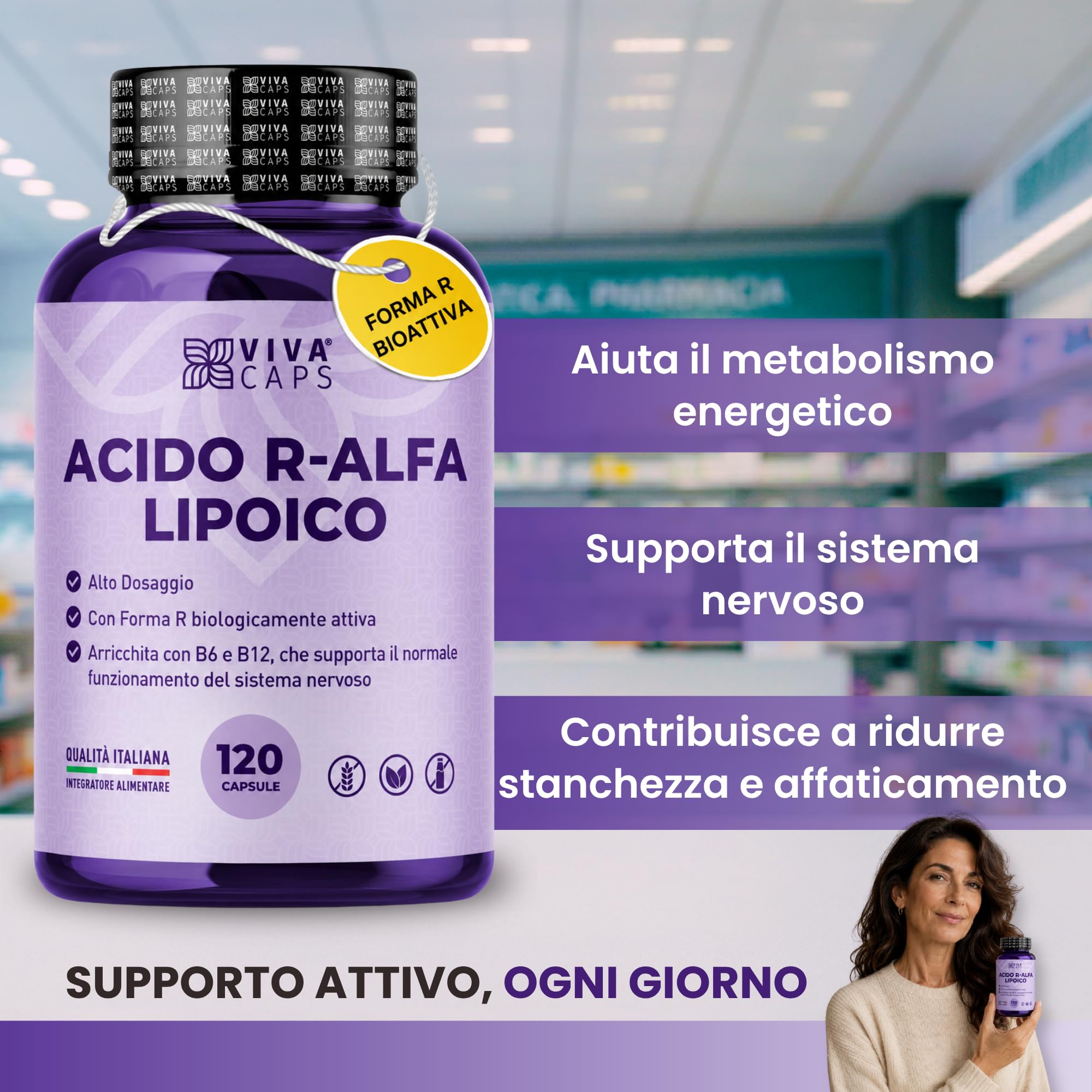 Acido r alfa lipoico alto dosaggio 650mg 120 cps 1 al giorno per 4 mesi, acido alfa lipoico con vitamina b6 e vitamina b12 - Made in Italy