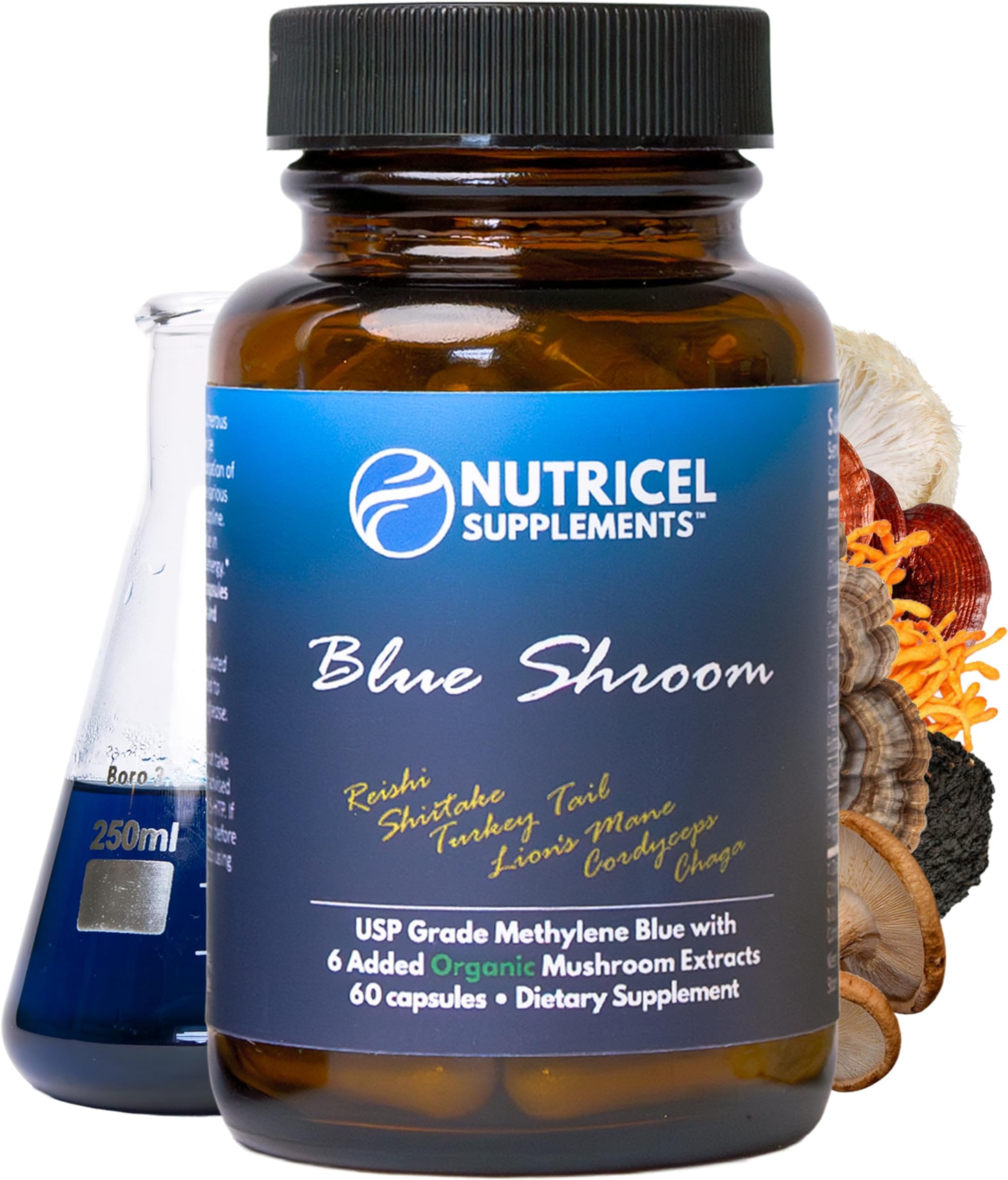 Nutricel Supplements Methylene Blue Capsules with Mushroom Extracts: Lion's Mane, Reishi, Cordyceps, Chaga, Shiitake, Turkey Tail - Trusted Made in America - 7mg (USP Grade) (60ct)