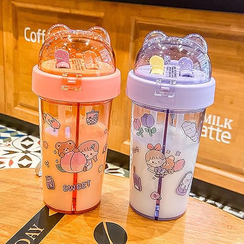 Miniatura 2 de NCDUANSAN Taza de agua Kawaii de 14.2 fl oz con popote doble para exteriores, botella doble portátil de plástico para beber (morado)