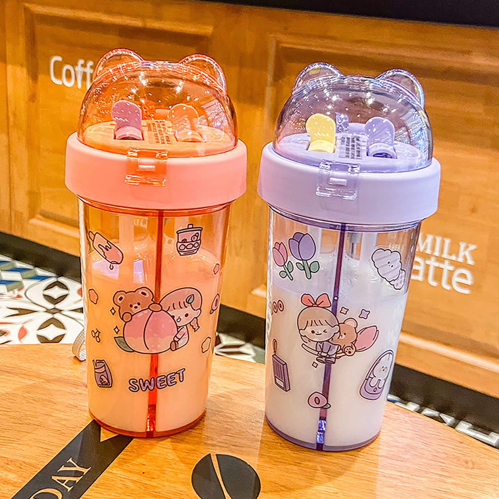 NCDUANSAN 420ML Kawaii Water Cup Cute Girl Double Straw Outdoor Double Bottle Portable Plastic Straw Drinking Bottle (purple)
