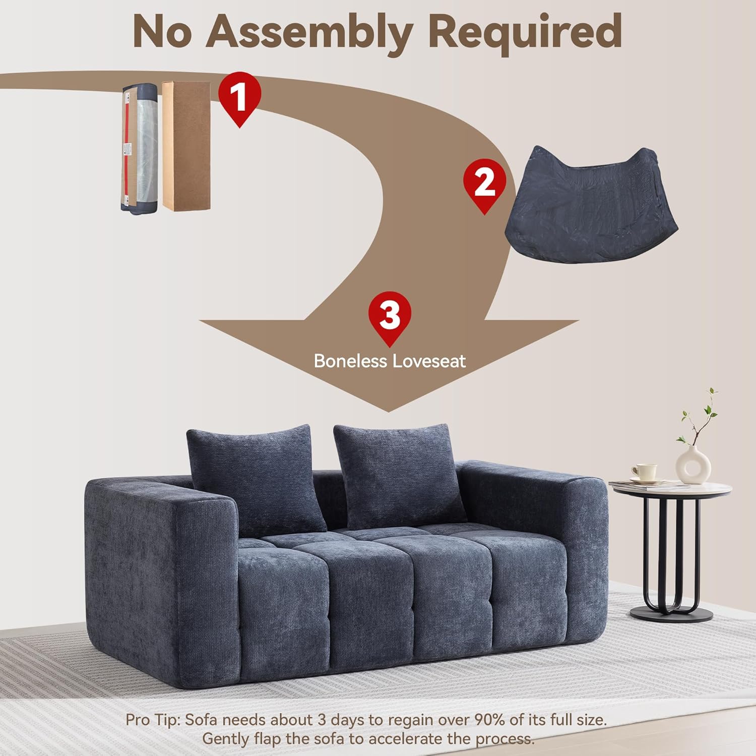 72" Loveseat Boneless Couch, Cloud Sectional Couch with Deep Seat, High-Density Memory Foam and Chaise, Love Seat Sofa, Boneless Couches for Living Room, No Assembly Required Tufted Sofa, Blue