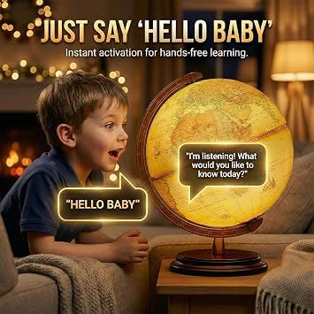 AI Talking World Globe with Real-Time Voice Conversation, 8-Inch Smart Interactive Geography Learning Device for Kids & Adults, Just Ask to Explore Earth, Retro Illuminated LED Night Light Lamp, Vintage Wooden Base Desk Decor Gift