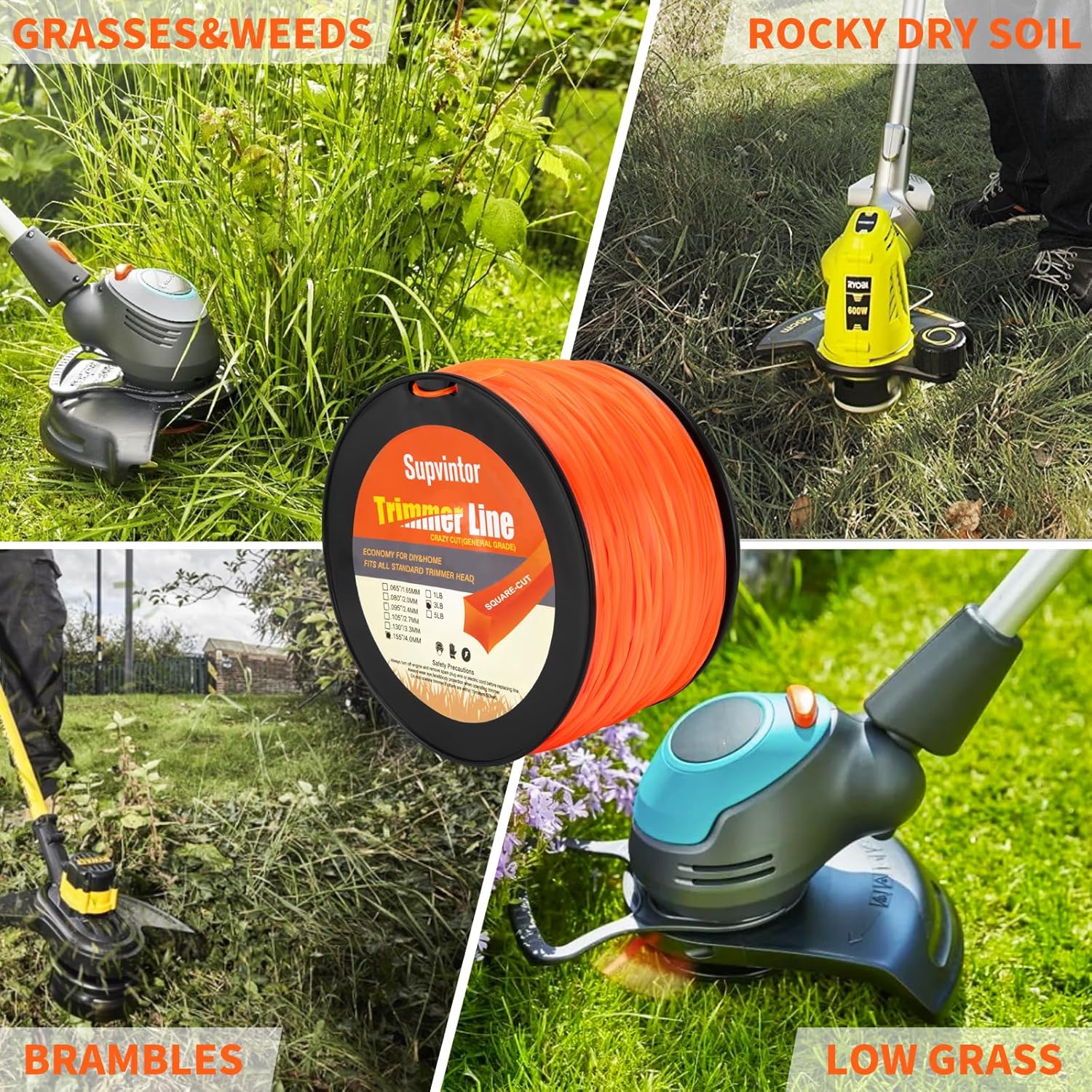 155 Trimmer Line Heavy Duty Square, 155 Weed Eater String, String Trimmer Line .155, Commercial Weed Trimmer String 155, Weed Wacker String .155inch-288ft-3lb Fits Most String Trimmer(Square)