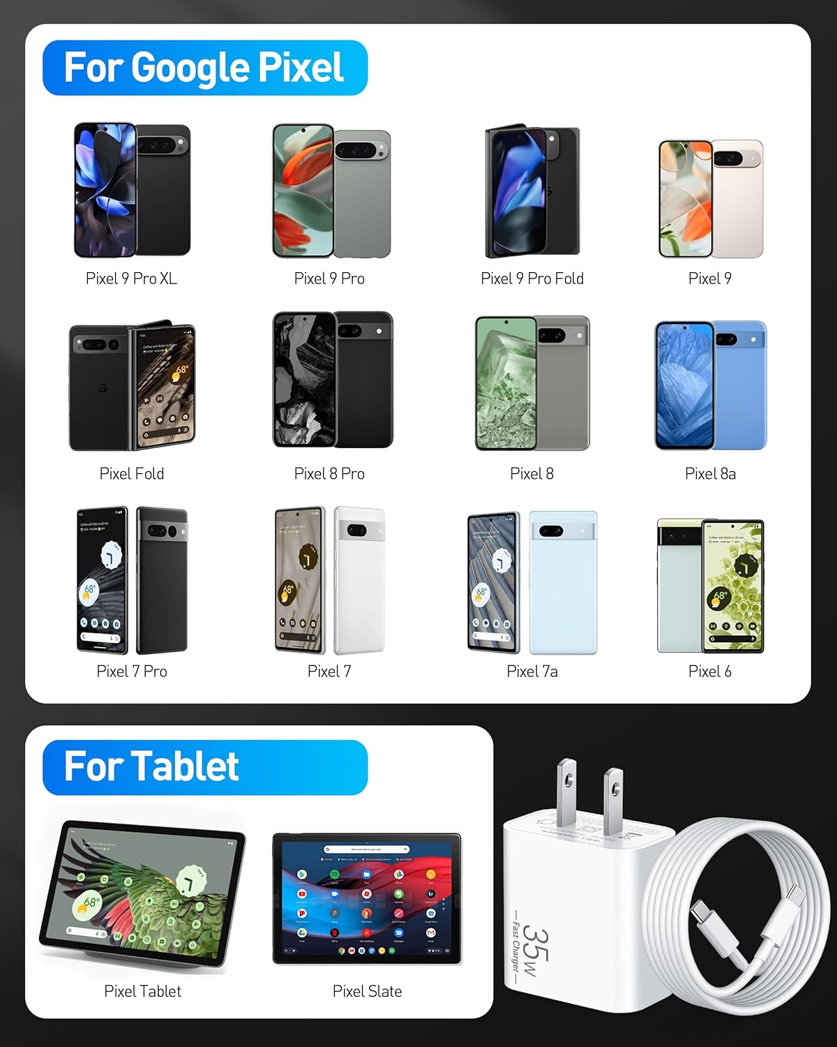 35W USB C Fast Charger for Google Pixel 10/10 Pro XL/10 Pro Fold/9/9 Pro XL/8/8a/8 Pro/7/6/5/4/3 XL, 2-Pack 35W Type C Fast Charger Block & 10FT Long USB C Cable for Galaxy S25/S24/S23/S22/A57/A56/A55 - Image 4