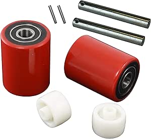 Pallet Jack/Truck Load Wheels Set with Axles and Entry Exit Roller (4 pcs) 2.75&#34; x 3.75&#34; with Bearings ID 20mm Poly Tread Red