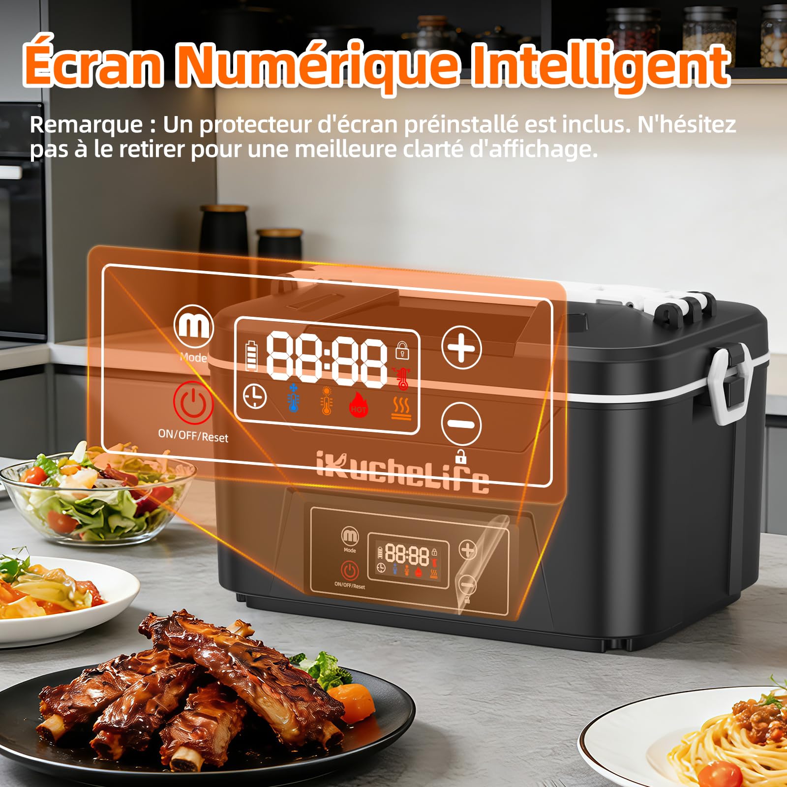 Gamelle Chauffante 100W Lunch Box Chauffante Electrique | 1,2L aveBatterie Réservation et Réglage Température, Boite Repas Chauffante Inoxydable 5 Modes pour Bureau Voiture Cuisine