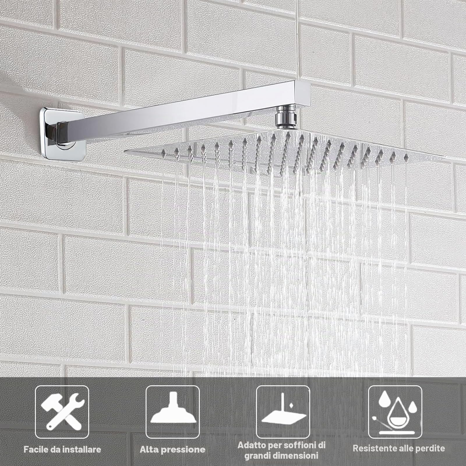 Braccio Doccia da 40 cm Braccio Doccia a Parete Quadrato Supporto per Soffione in Acciaio inox Braccio di Prolunga per Doccia Adatto per Soffione,Supporto per Soffione Doccia a Pioggia (Argento)