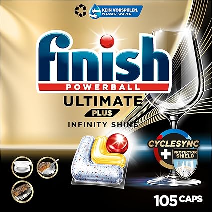 Finish Ultimate Plus Infinity Shine Citrus Dishwasher Tablets - Dishwasher Tablets for Intensive Cleaning, Grease Dissolving Power and Shine with Protective Shield - 105 Finish Caps