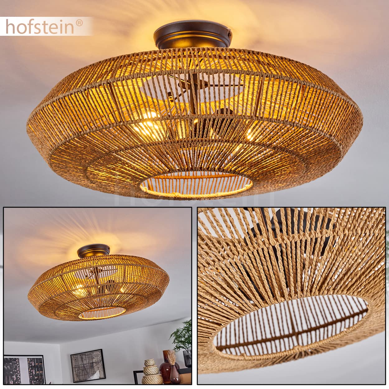 Lampada da soffitto Cassano, lampada da soffitto moderna in metallo/rattan in nero/natura, lampada dal design moderno con effetto luce, ø51,5 cm, 1 luce, 1 x E27, senza lampadina/e