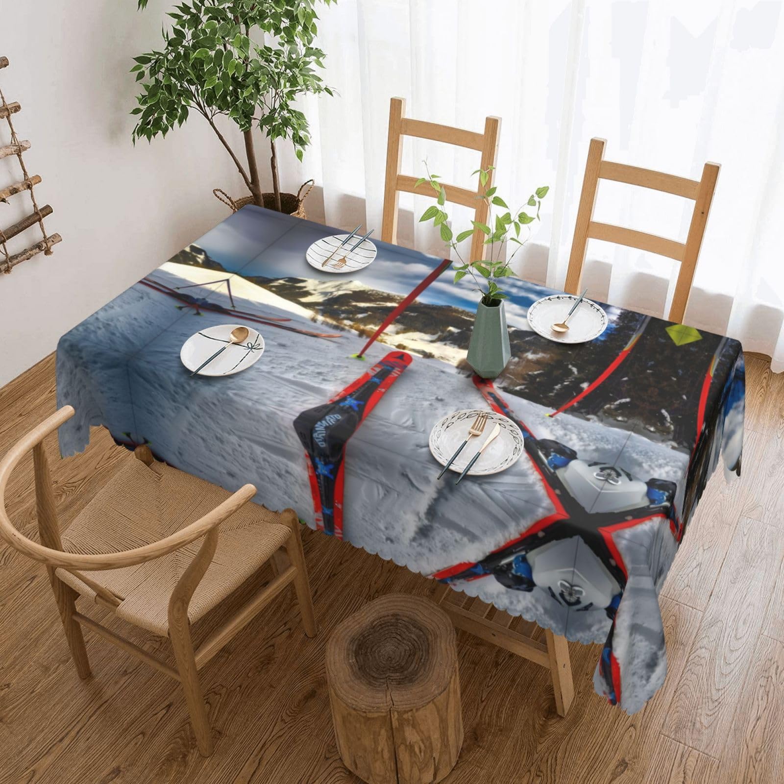 QAZWZML Winter Skiing Printed tablecloth, made of thick polyester with lace trim, suitable for dining rooms, picnics, and weddings