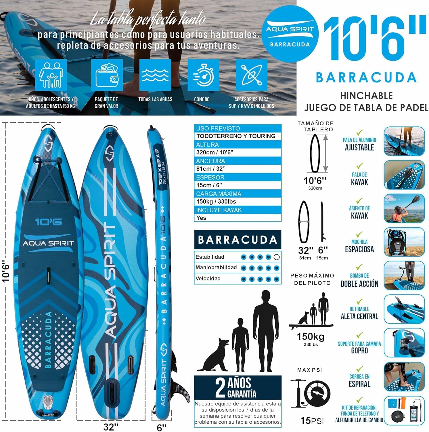 AQUA SPIRIT 320x79x15cm Sup Tabla Hinchable de Paddle Surf Kit de Conversión de Kayak con Pala Ajustable de Aluminio