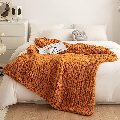 Miniatura 2 de ATMOSURELY Manta de punto grueso ultrasuave de color naranja quemado, acogedora y esponjosa, hecha a mano, con hilo de felpilla, para cama, sofá y