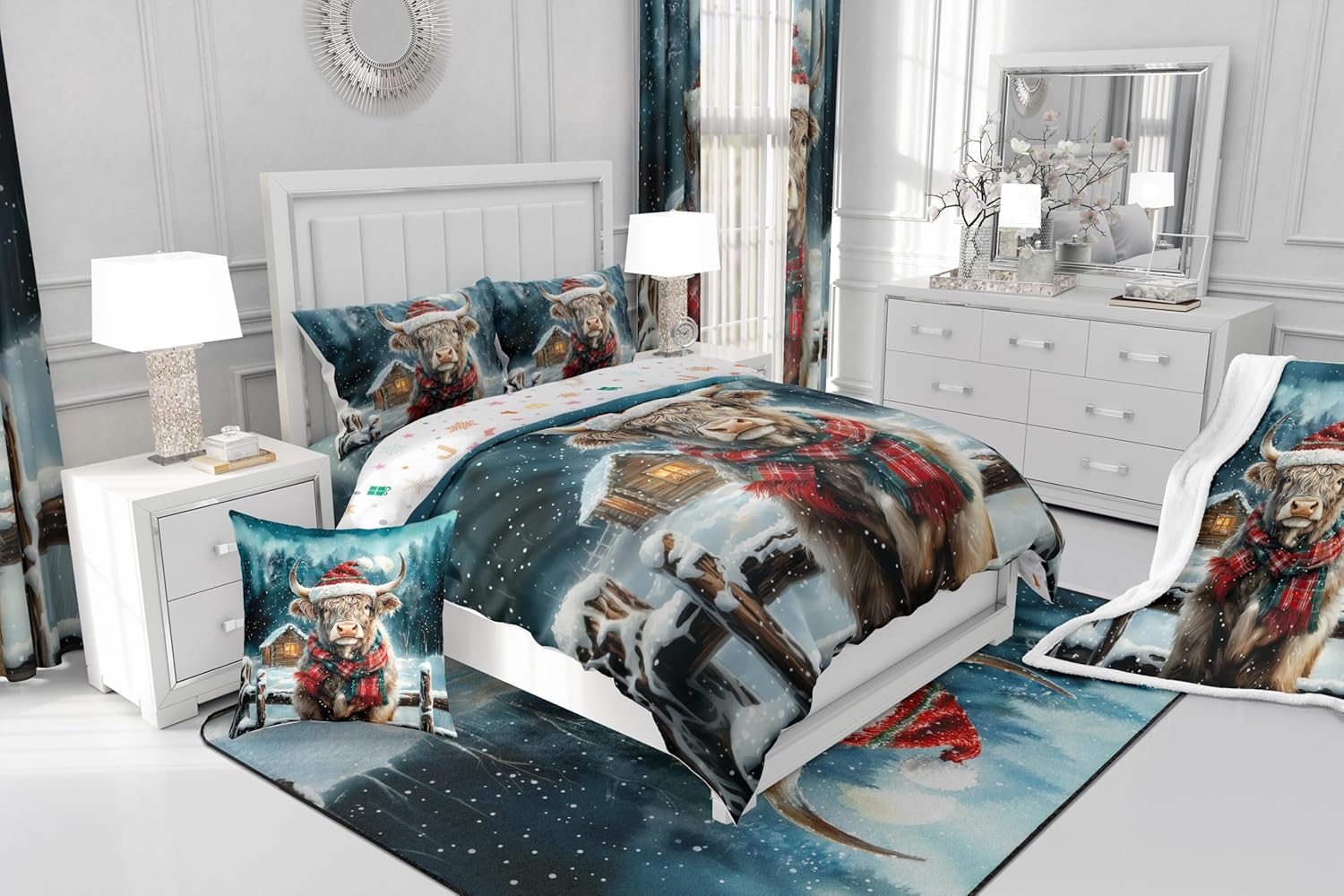 Erosebridal Highland Cow Bedding Comforter Sets Queen Winter Christmas Bedding Set for Kids Boys Girls Adults,Xmas Rustic Farm Animal Comforter Set Farmhouse Cabin Quilt Duvet Bedroom Decor 3 Pcs